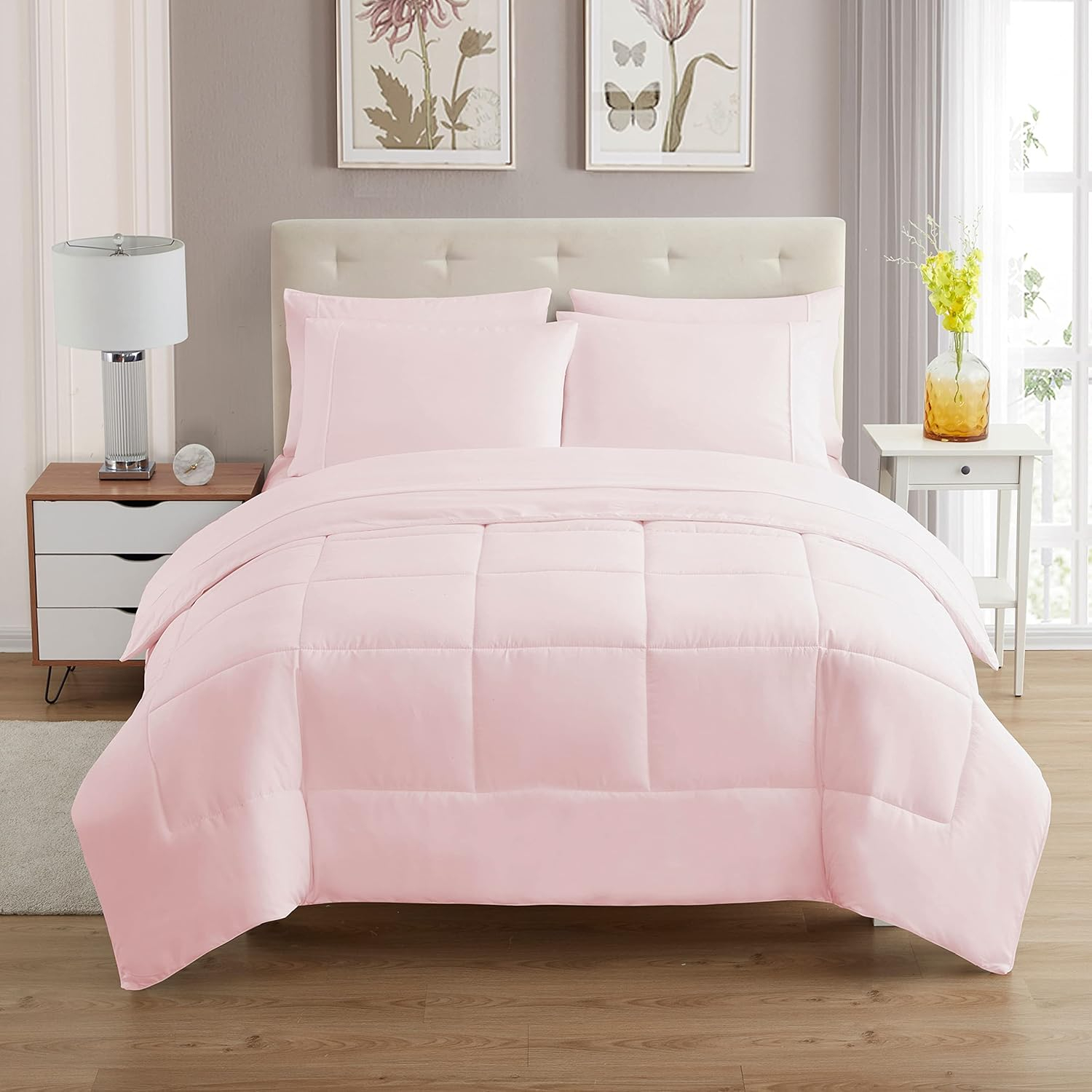 Sweet Home Collection 7 Piece Comforter Set Bag Solid Color All Season Soft Down Alternative Blanket & Luxurious Microfiber Bed Sheets, Pale Pink, Full