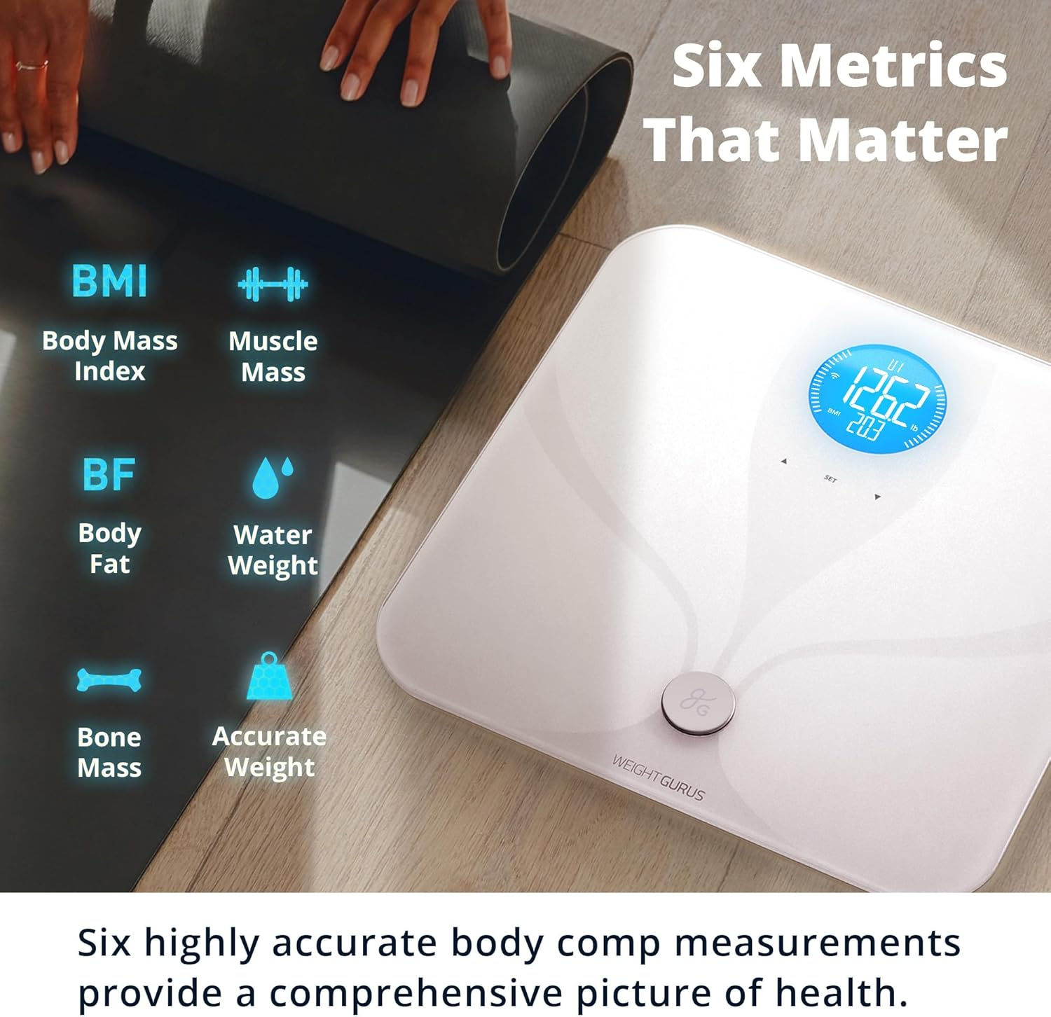 Greater Goods WiFi Weight Scale; Digital Smart Scale for Bathroom, Measures and Tracks Weight, BMI, Muscle Mass, Water Weight, Bone Density, and Body Fat, Designed in St. Louis