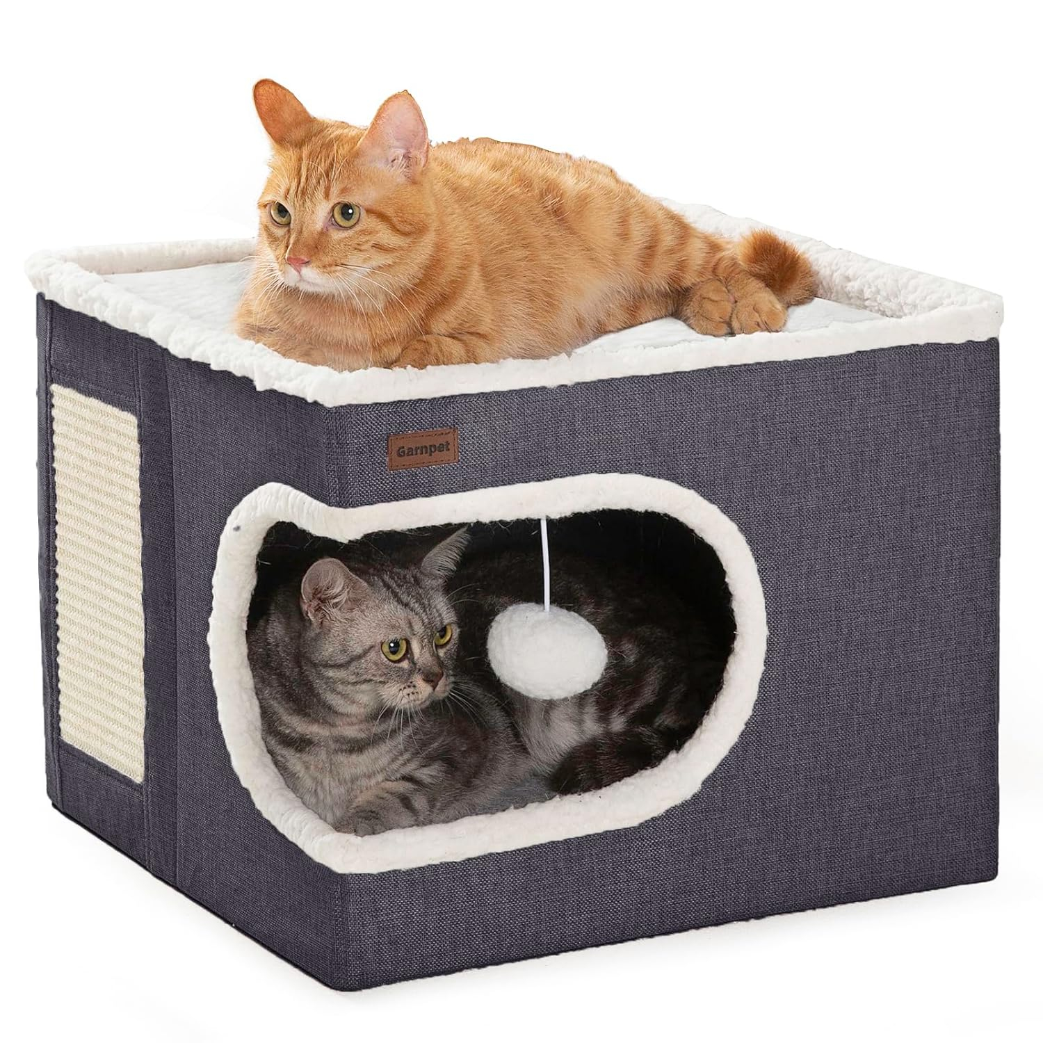 Cat Bed for Indoor Cats Cube House, Covered Cat Cave Beds & Furniture with Scratch Pad and Hideaway Tent, Cute Modern Cat Condo for Multi Small Pet Large Kitten Kitty, Dark Grey