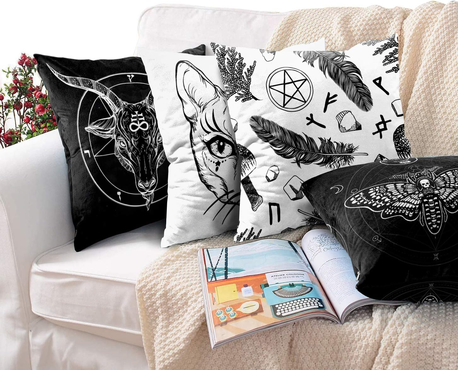 Britimes Throw Pillow Covers 18x18 Inches Home Decor Set of 4 Pillow Cases Decorative for Bed Sofa Cushion Couch Outdoor Capricorn Cat Feather Moth Gothic Pillowcases (Black and White)