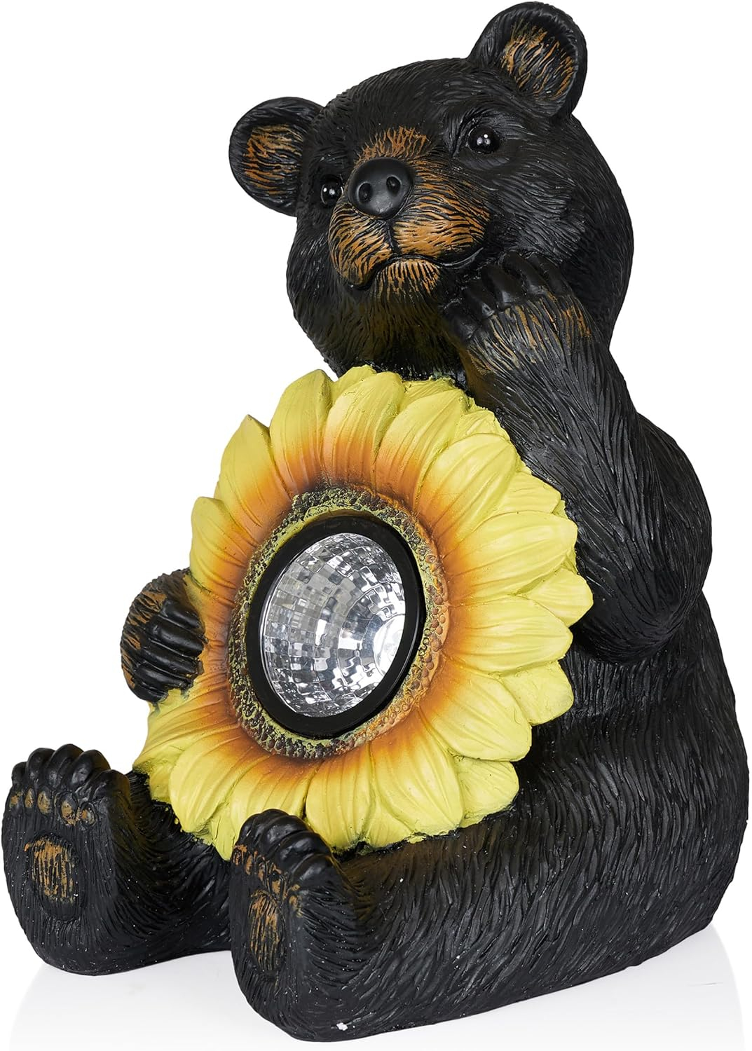 Alpine Corporation GXT520SLR-L Solar Powered Bear Statue with LED Sunflower for Outdoor Lawn and Yard Decoration, 16" H, Brown