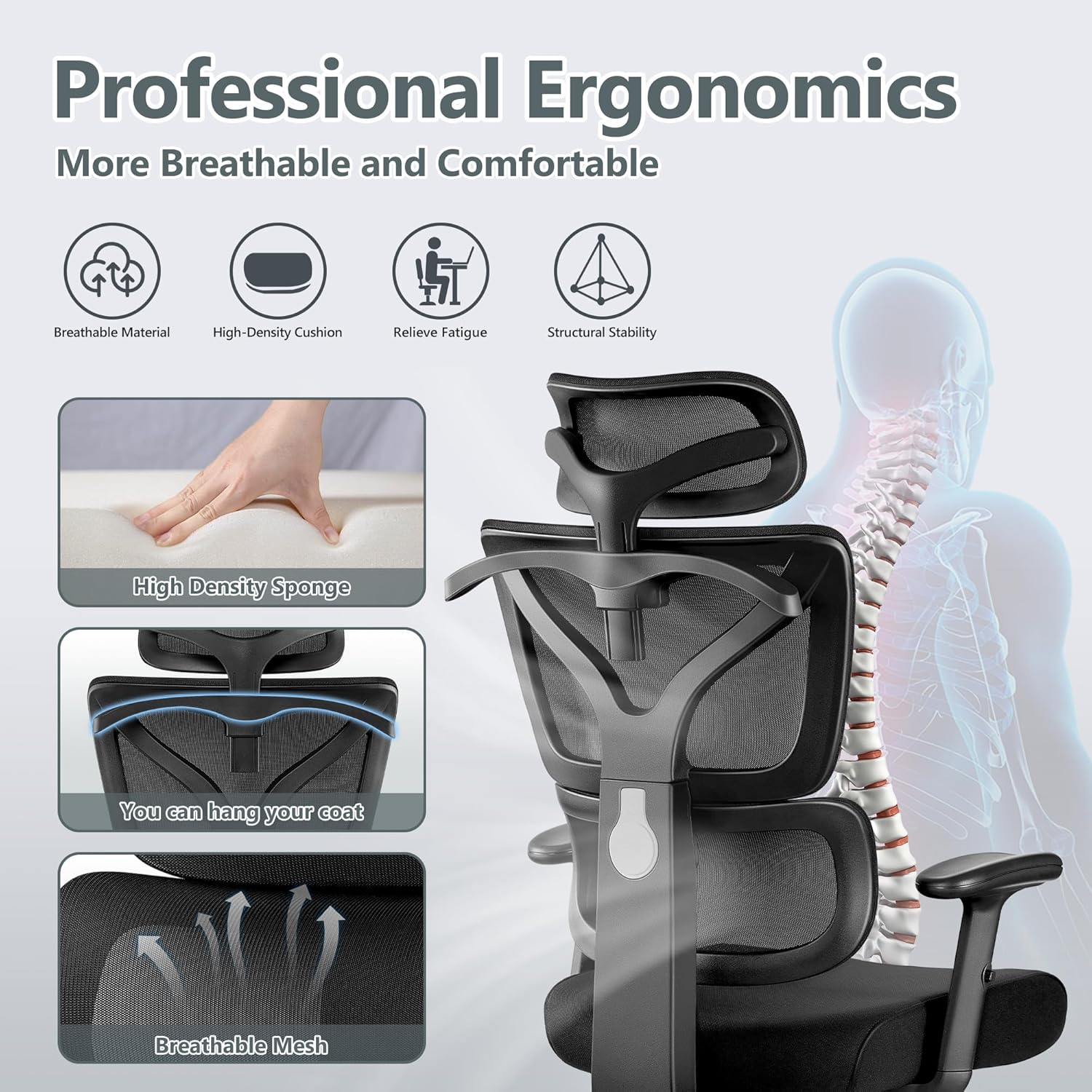 Office Chair Ergonomic Desk Chair, High Back Gaming Chair, Big and Tall Reclining Comfy Home Office Chair Lumbar Support Breathable Mesh Computer Chair Adjustable Armrests (Black)