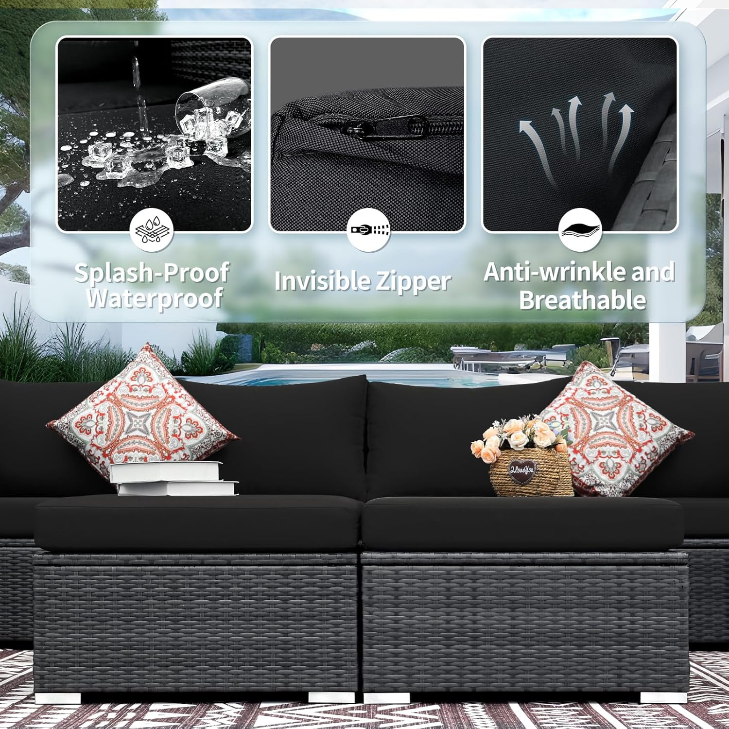 Black Olefin Outdoor Sofa Cushion Covers Set, 27x27 Inch