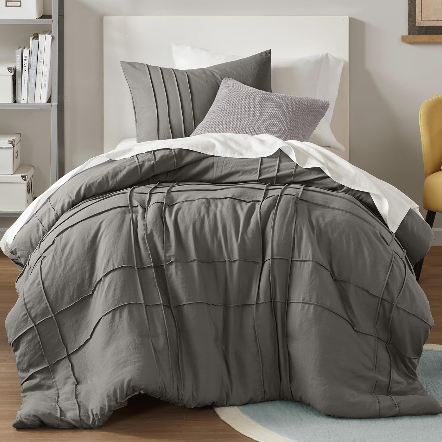 Comfort Spaces Grey Twin Size Duvet Cover Set - 2 Pieces Pintuck Pleated Duvet Cover Twin, All Season Lightweight, Extra Softness Pre-Washed Microfiber Twin Bedding Cover Shams, Twin/Twin XL