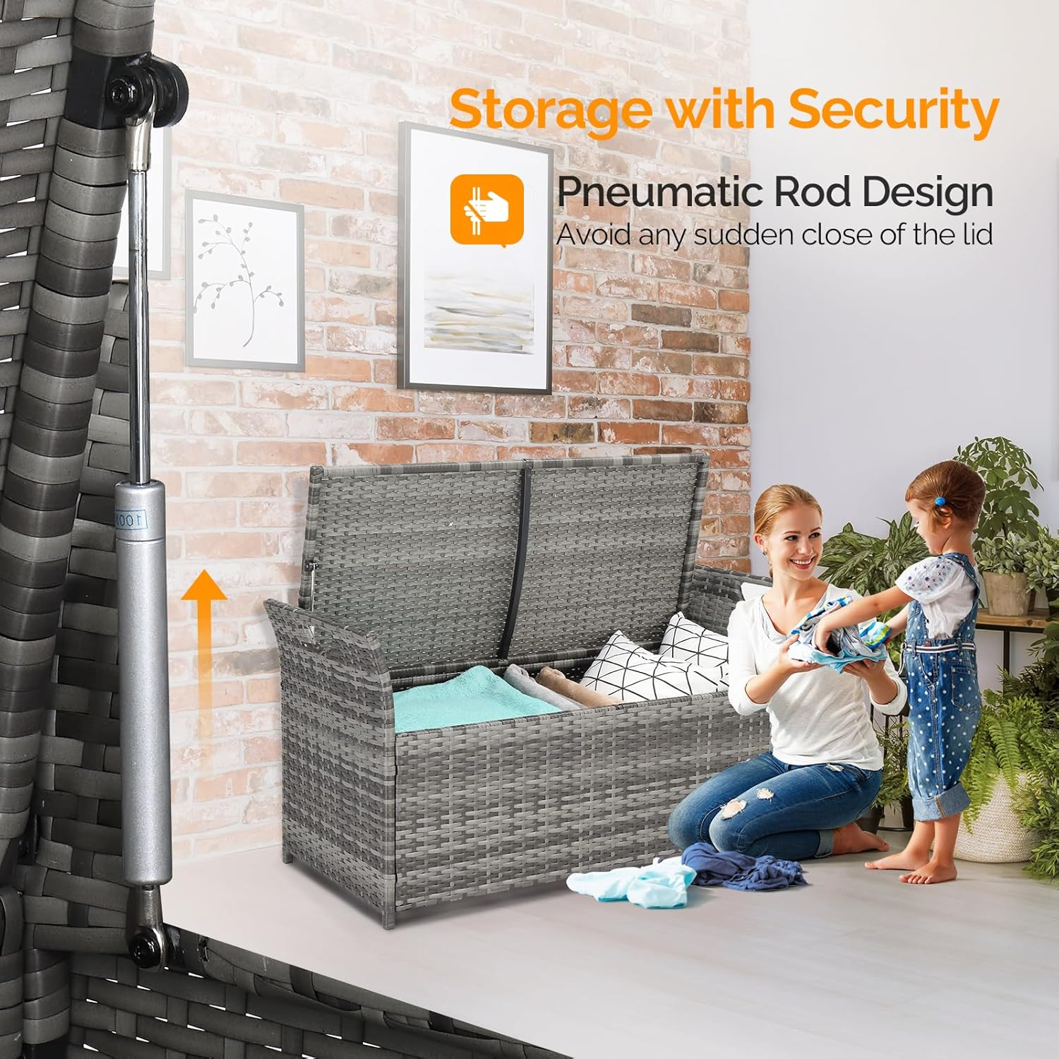Gray Wicker Outdoor Storage Bench with Cushion