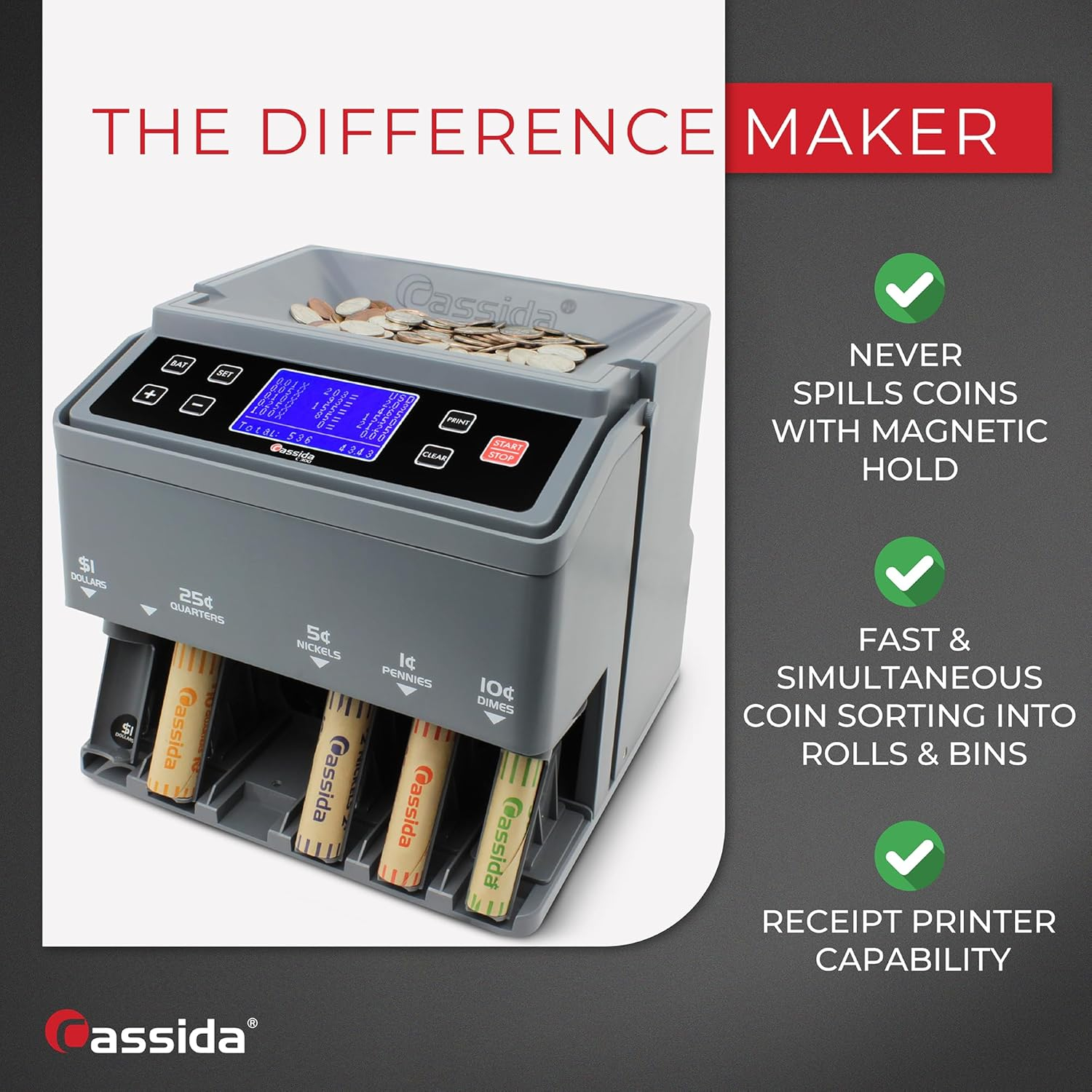 Cassida C300 Coin Counter/Sorter with a 300 Coins Per Minute Speed | Printing Compatible | Quickload Technology
