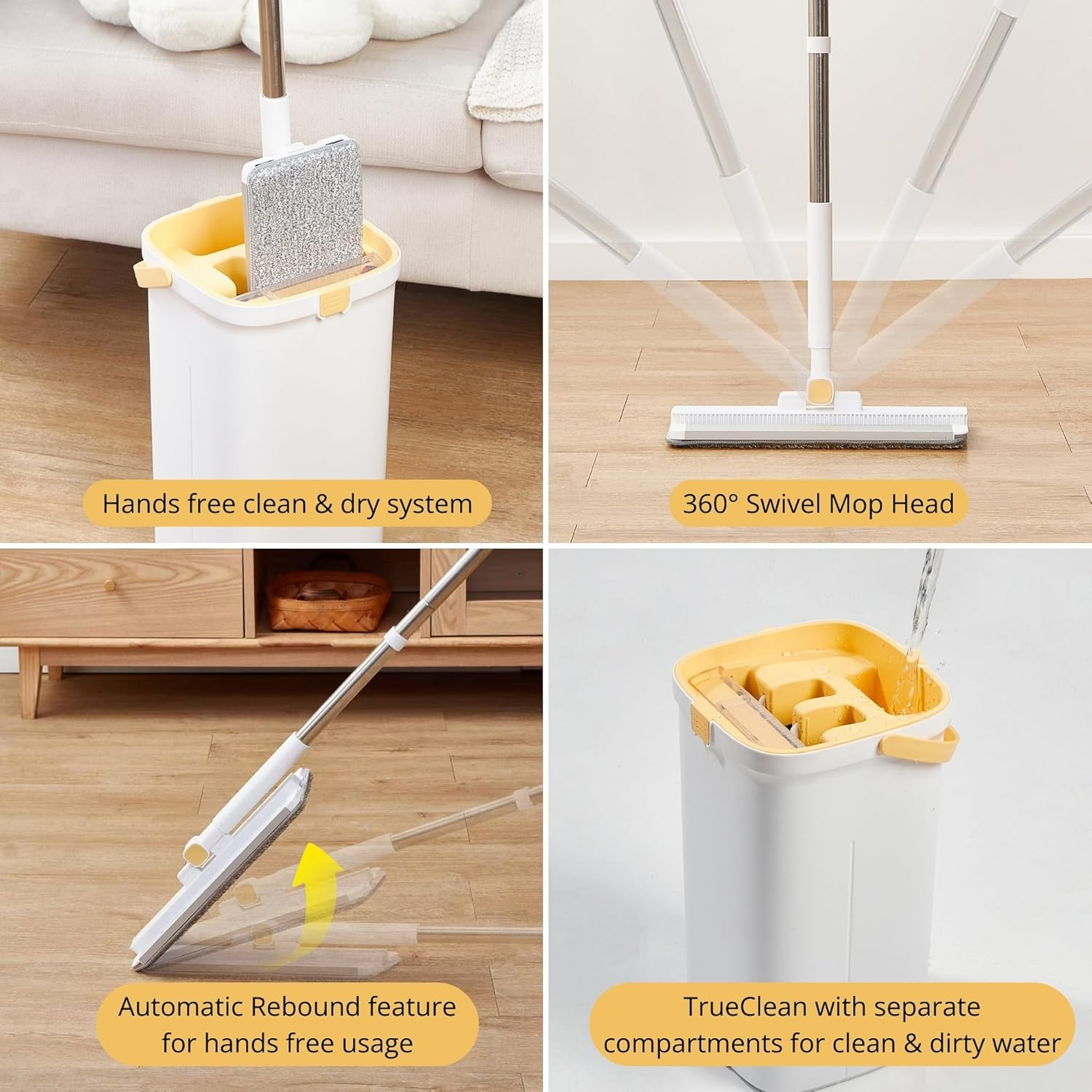True & Tidy® TrueClean Mop & Bucket Spin Mop Pump System, Patent Pending 3 Compartments Separate Clean & Dirty Water, Hands-Free Self-Wringing Aluminum Head, Machine Washable Pads, in Gift Box