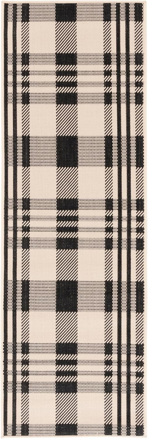 SAFAVIEH Courtyard Benjamin Plaid Indoor/Outdoor Runner Rug, Navy/Beige, 2'3" x 6'7"