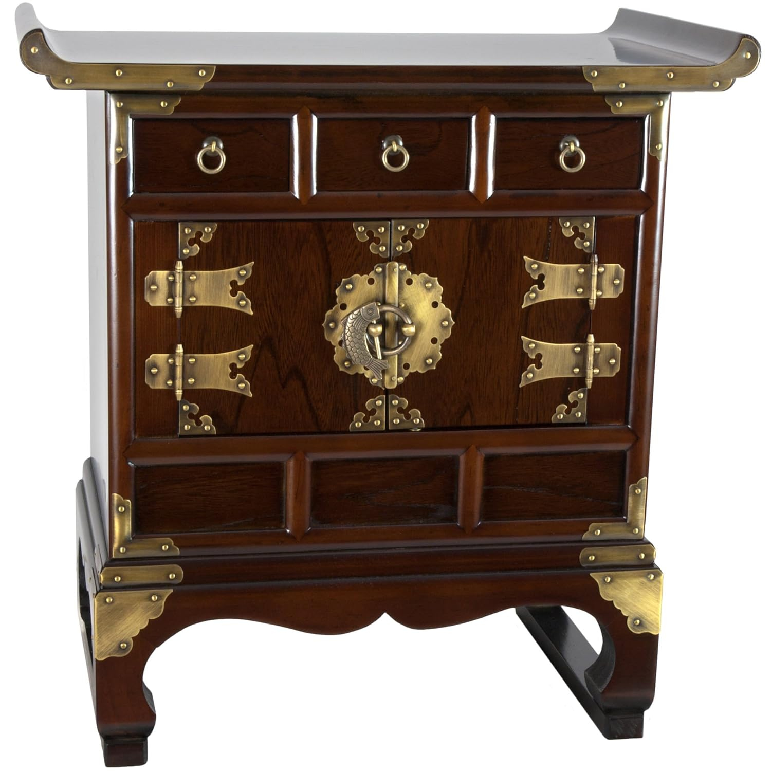 Red Lantern Korean Antique Style 3 Drawer End Table Cabinet, Cognac