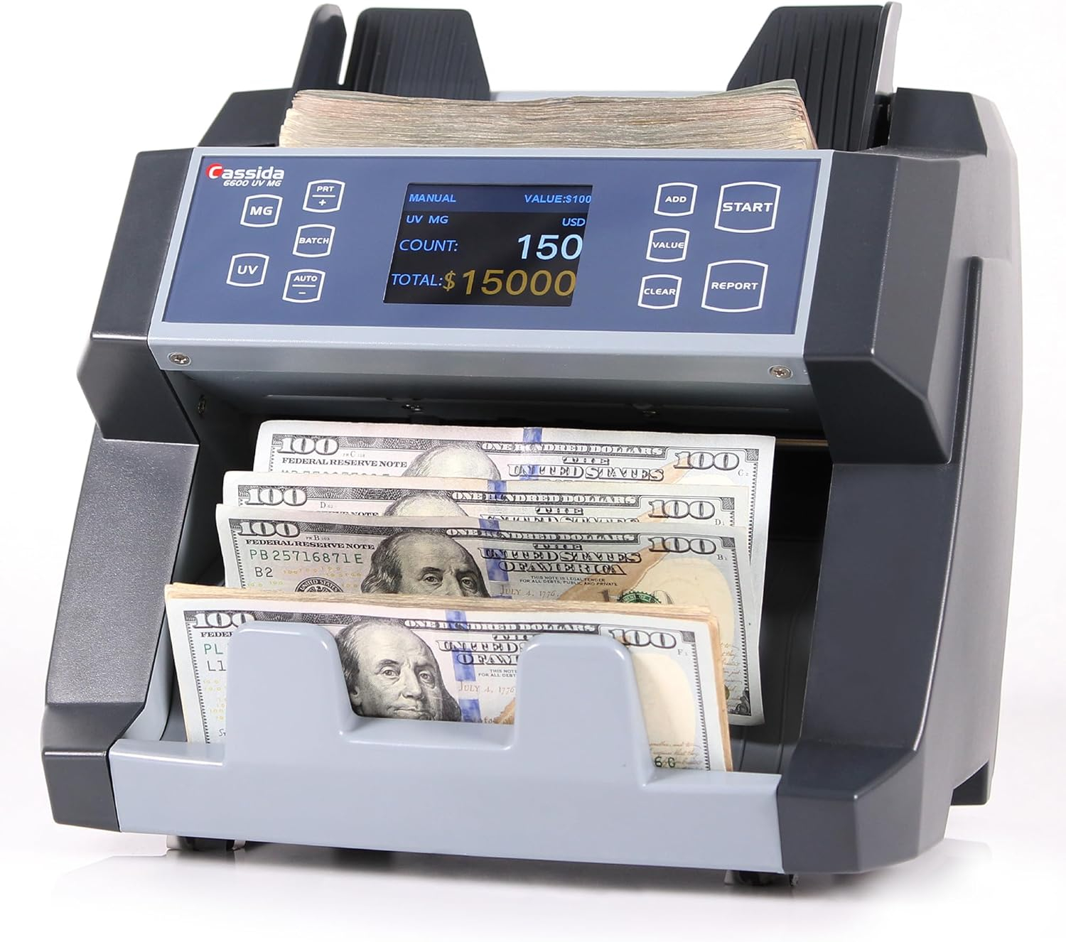 Cassida 6600 UV/MG Business Grade Currency Counter Machine, High-Speed Bill Counter and Cash Handling Equipment with a 400 Bill Hopper Capacity, Counts 1400 Bill/Min