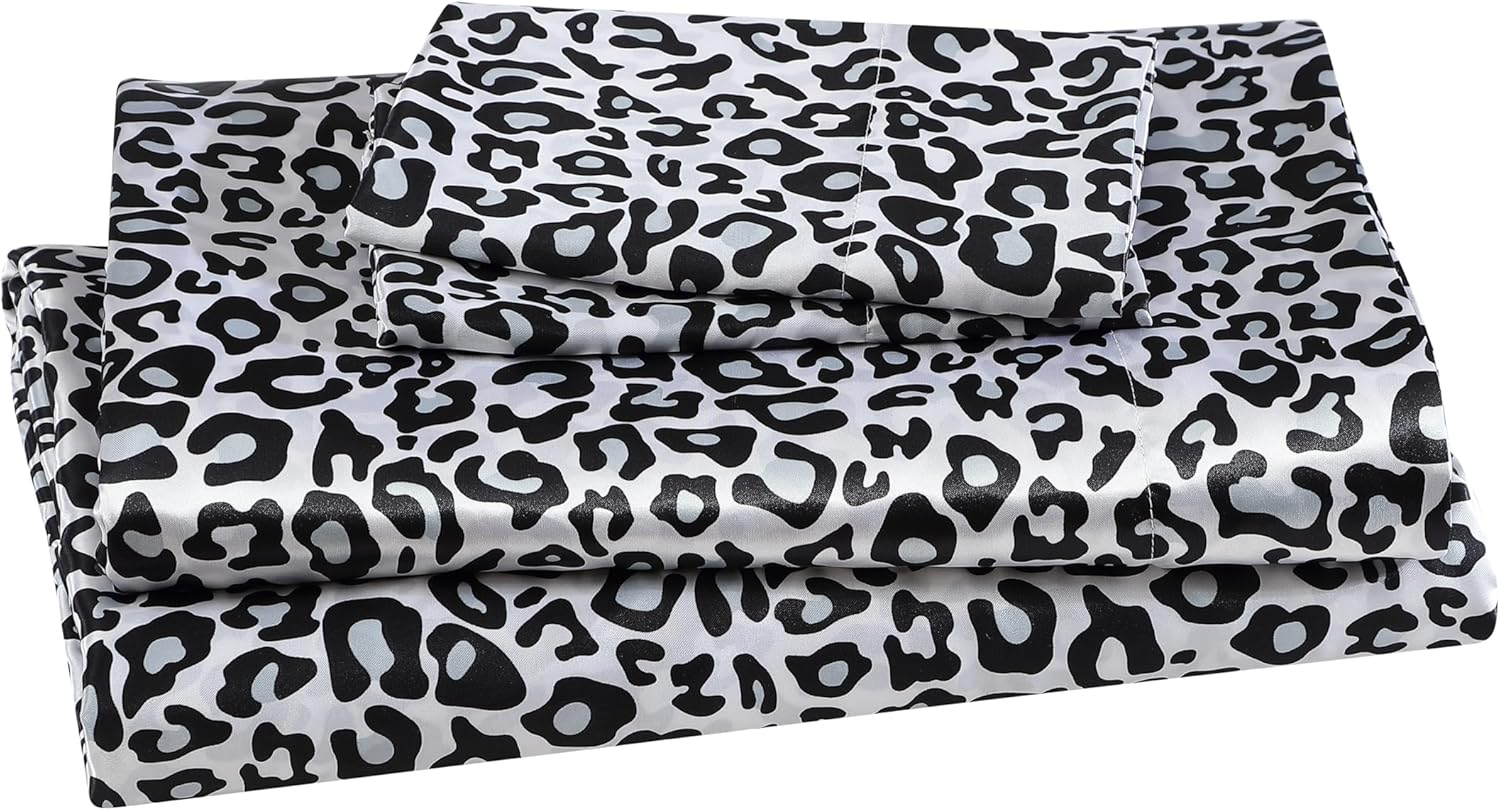 Queen Silver Satin Polyester Snow Leopard Print Sheet Set