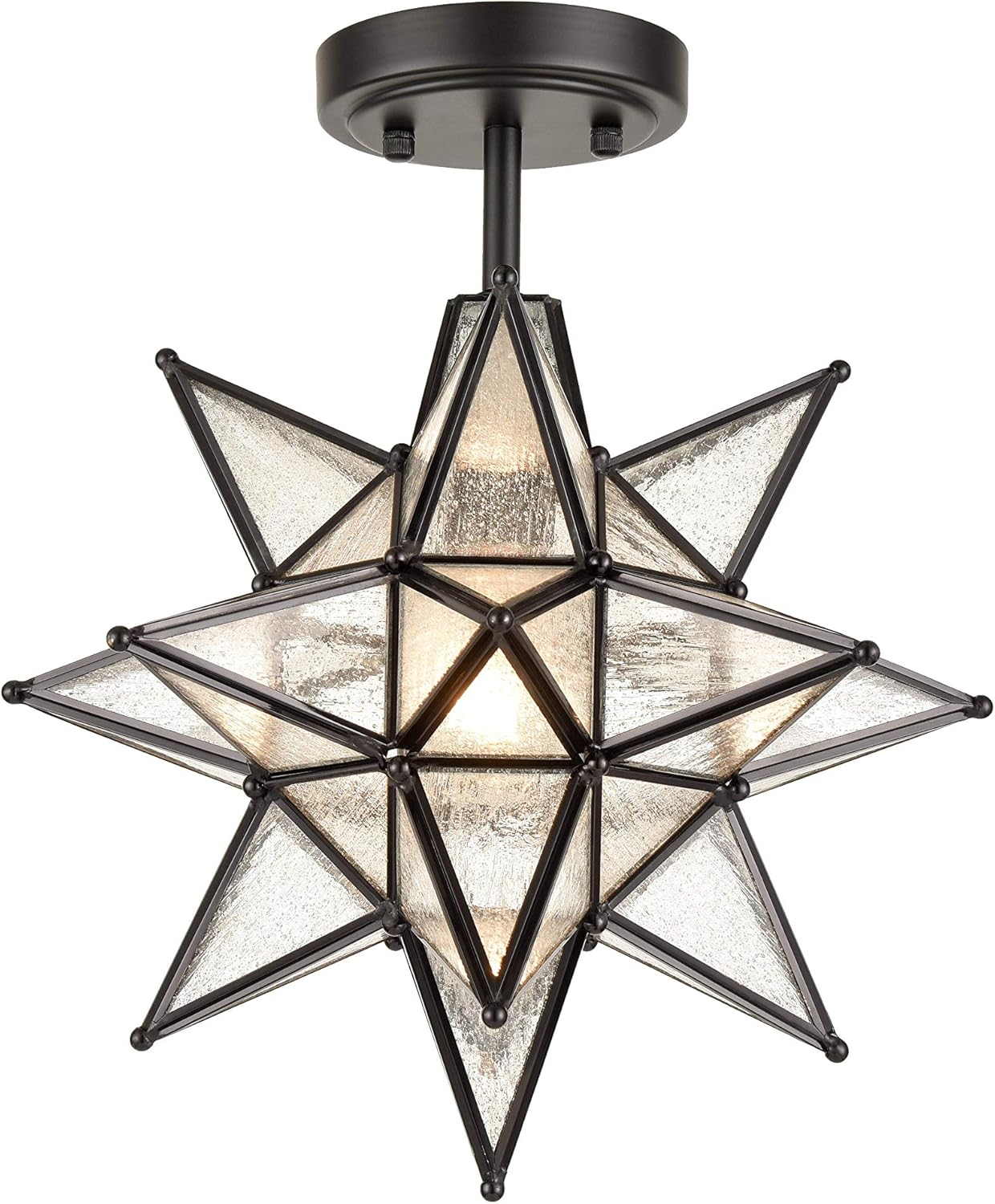 TANMAO  10-Inch Moravian Star Ceiling Light, Boho Moroccan Lamp with Seeded Glass Shade, Moravian Star Ceiling Light Modern Brass Flush Mount Lights for Office, Living Room, Dining Room, Kitchen