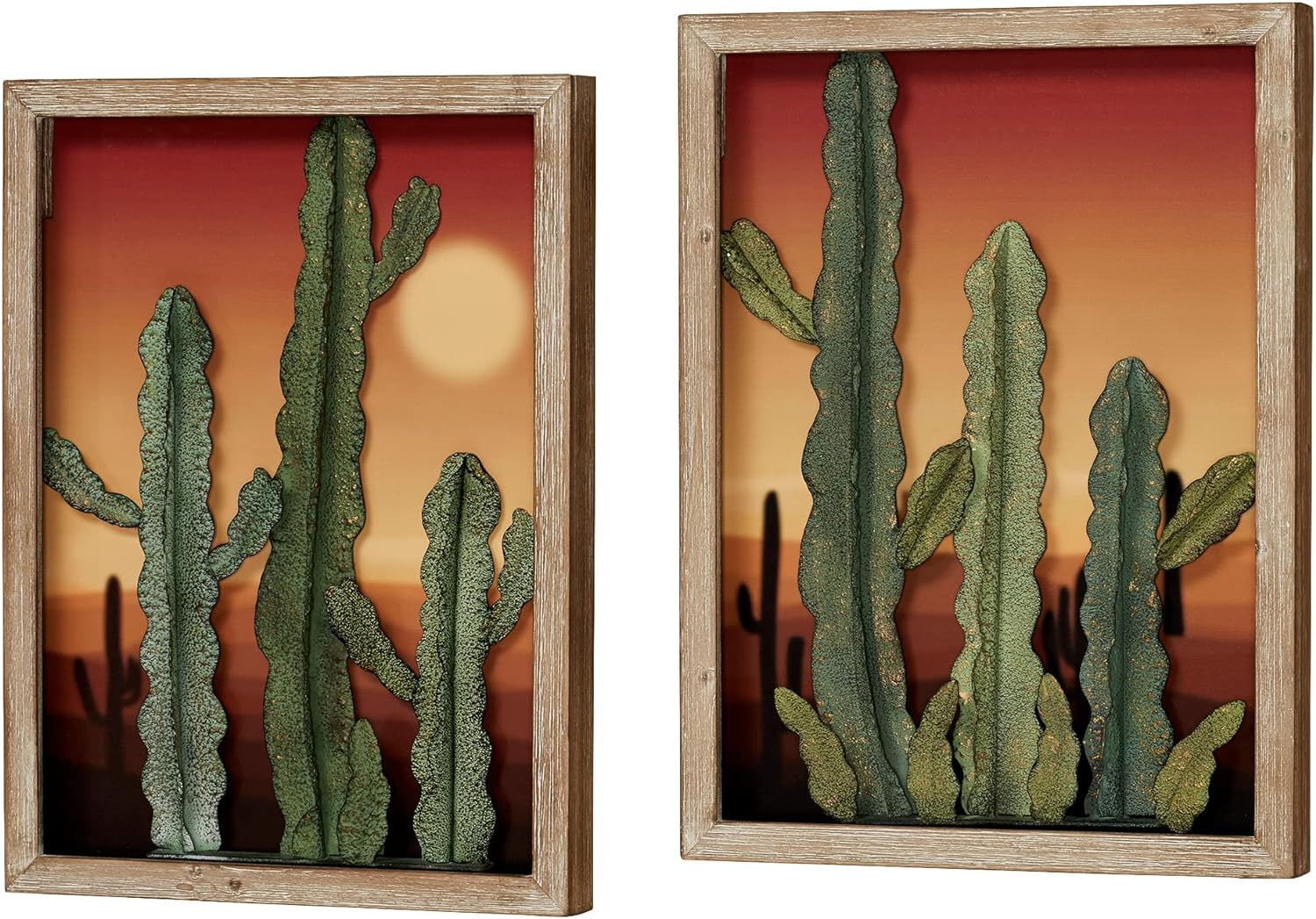 Desert at Sunset Southwest Cactus Wall Art Set of Two, 3D Metal Cacti in Front of Majestic Desert Print, Each Panel is 21 by 16 Inches, 2 Inch Depth Set of 2