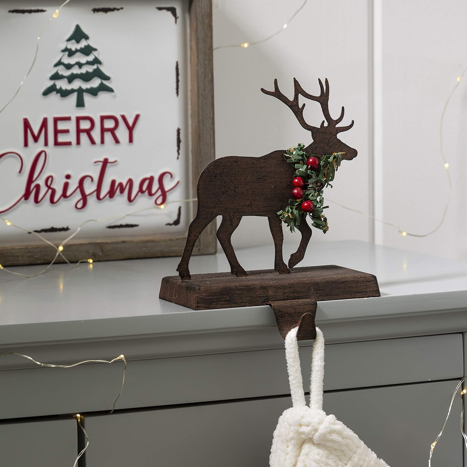 6.5" Brown and Green Unique Wooden Reindeer Stocking Holder