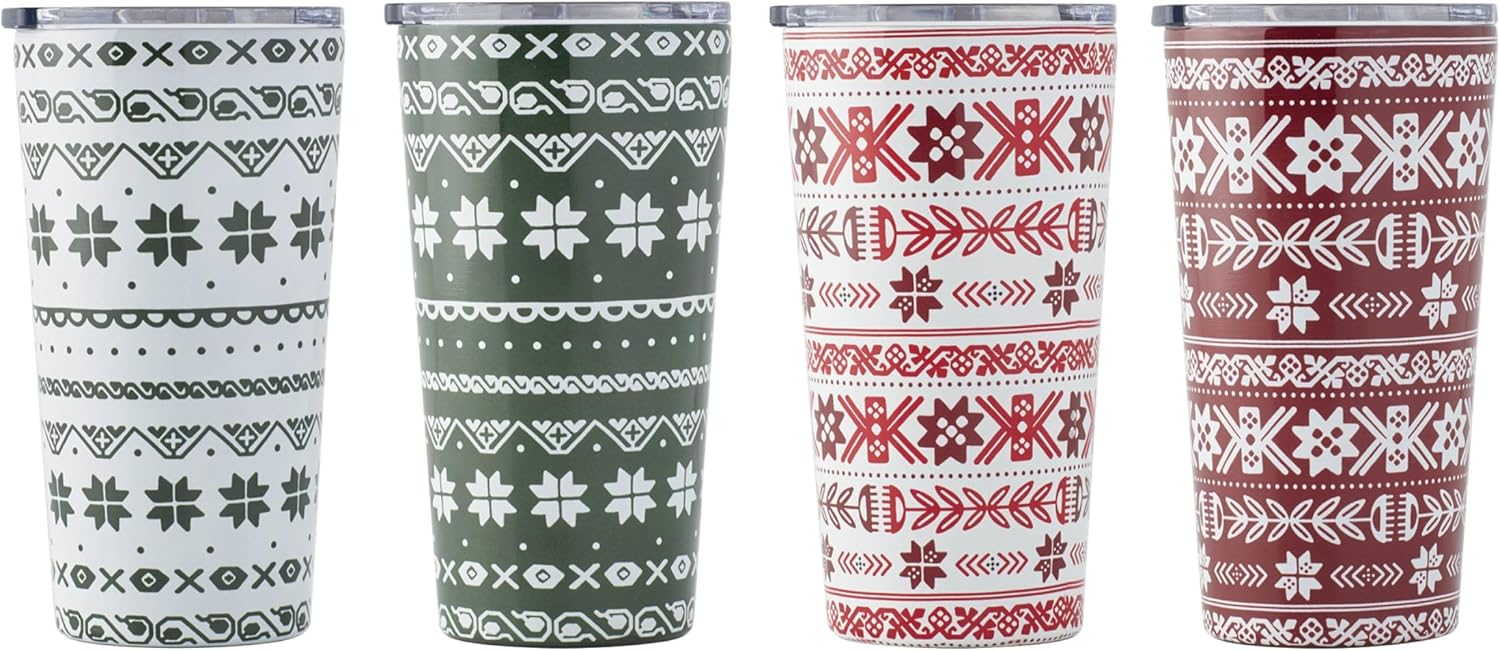 Festive Stainless Steel Highball Tumblers Set of 4 with Lids