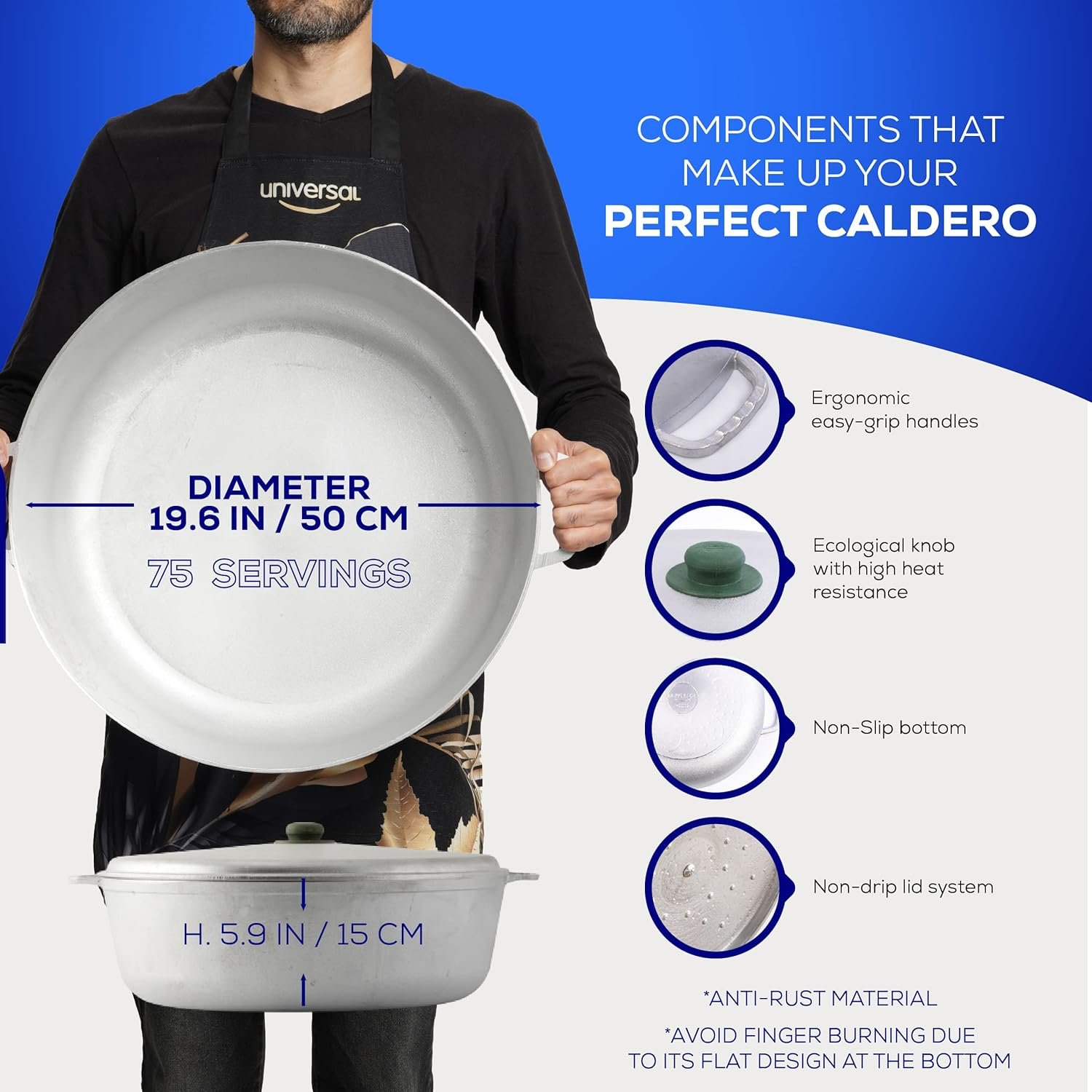 Universal (Professional Extra Large) Caldero 75 Cups - 27.7 QT / 26.6 L, Stainless Aluminum Pot, Even Heat Distribution and Fast Cooking Dutch Oven Pot with Ergonomic Handles, Ideal for Rice, and Mor