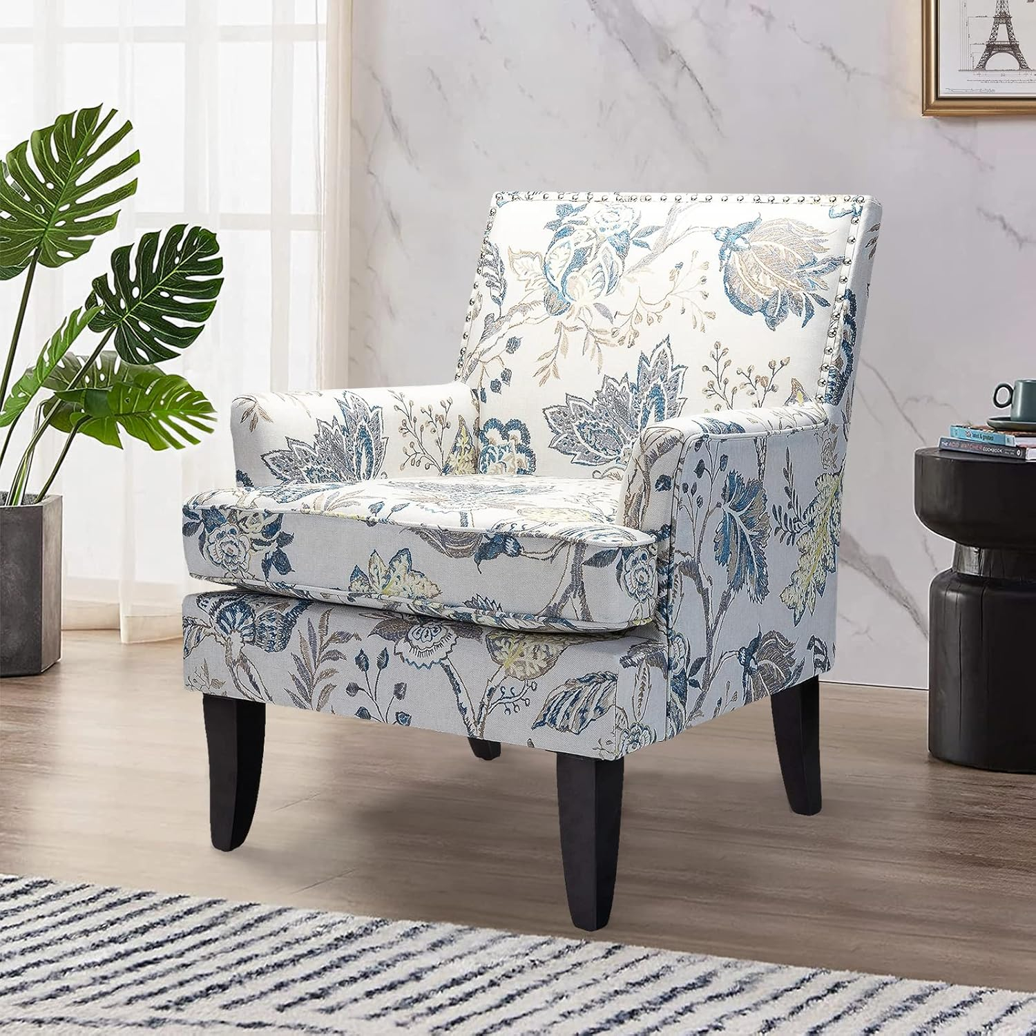Red and White Striped Wooden Leg Accent Chair