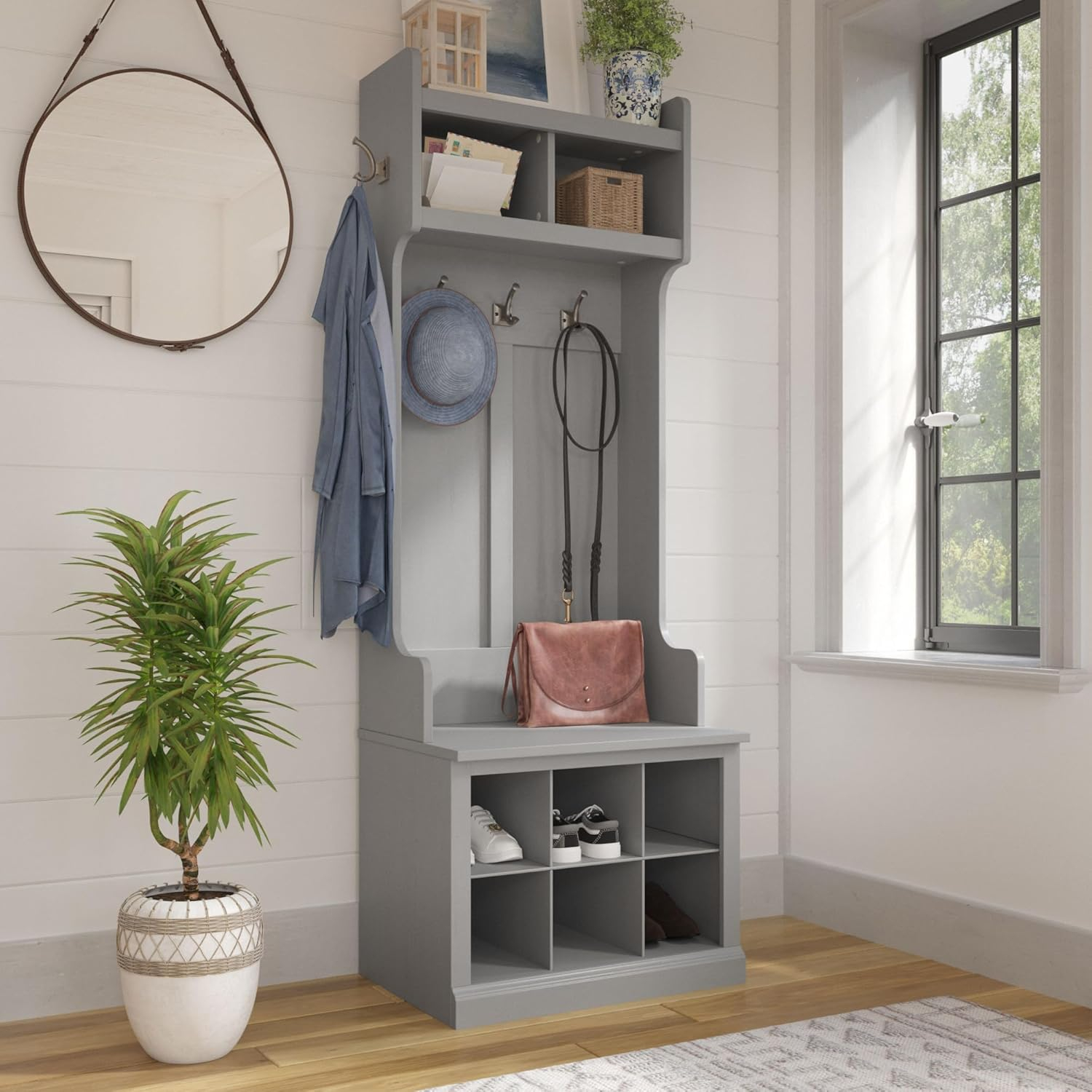 Woodland 24W Hall Tree & Shoe Bench w/ Shelves in Cape Cod Gray -Engineered Wood