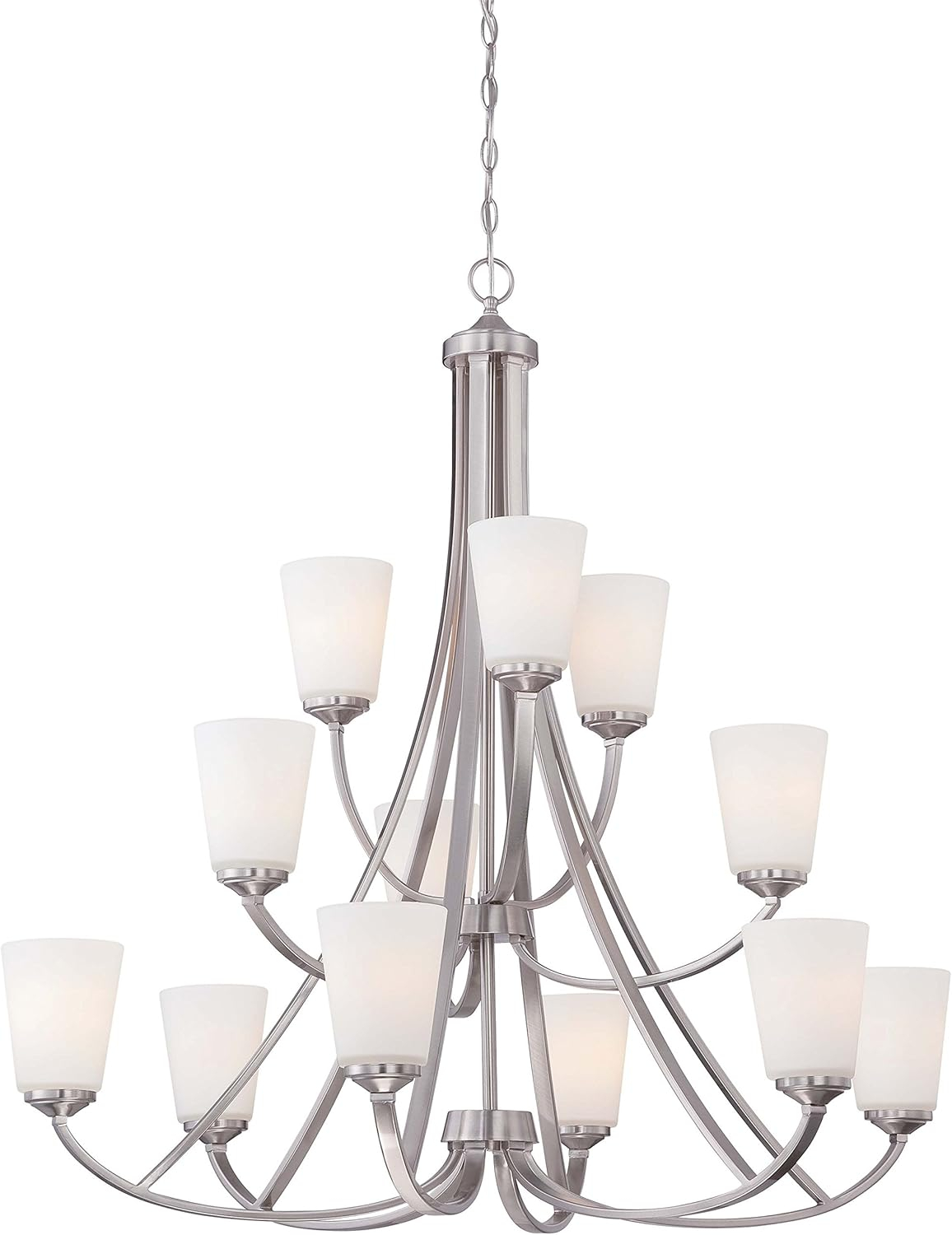 Contemporary Elegance Brushed Nickel 12-Light Chandelier with Etched White Glass