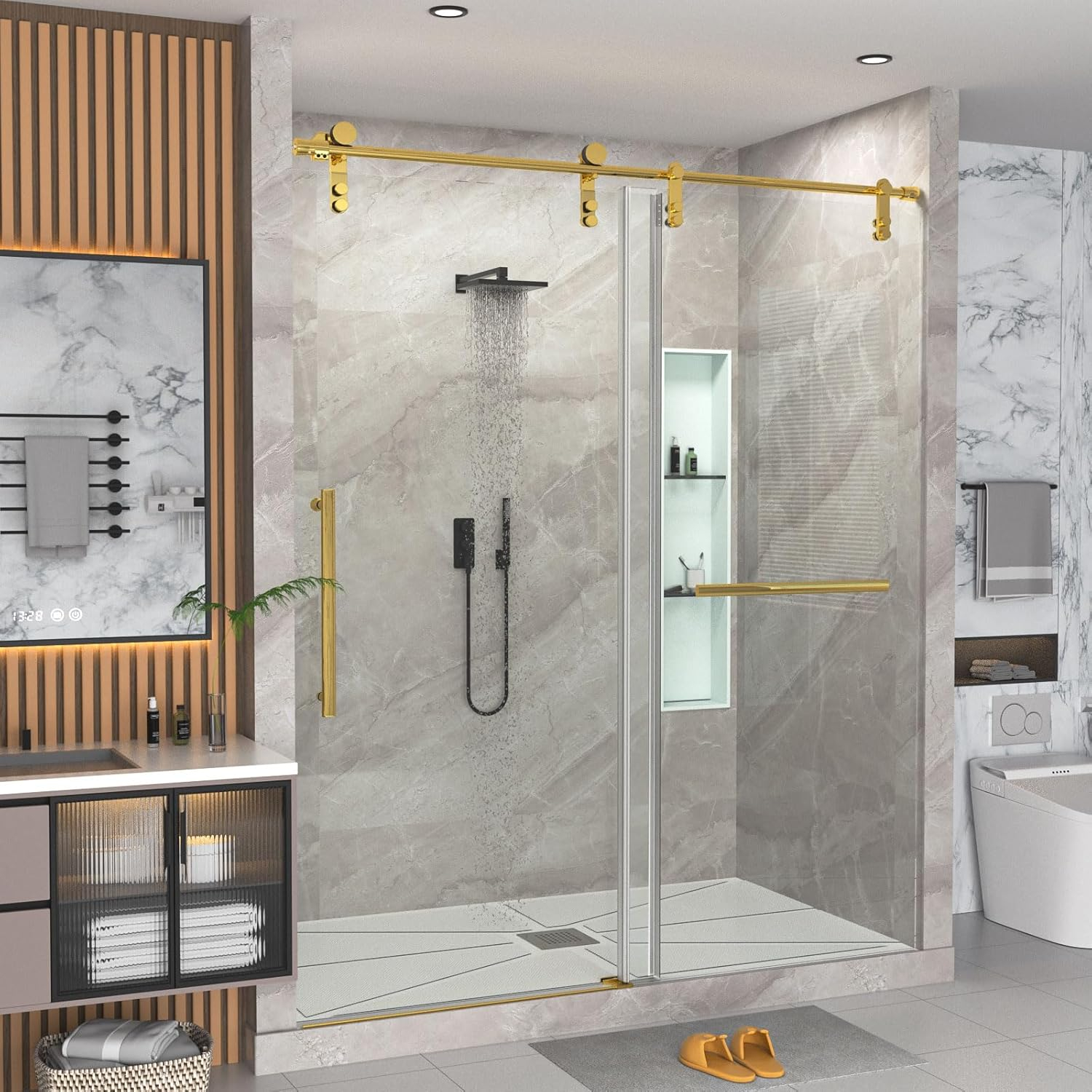 Gotland Frameless Shower Door 56-60" W × 76" H, Sliding Shower Doors with Stainless Steel Handle, Glass Shower Door with 5/16" Clear Tempered Glass