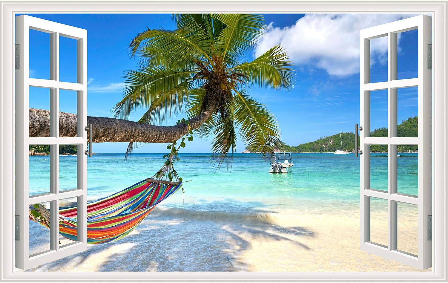 Beach Seascape Window Wall Sticker Palm Tree and Hammock Fake Window Wall Decals Removable Tropical Sea Window View Wall Stickers Decal for Living Room