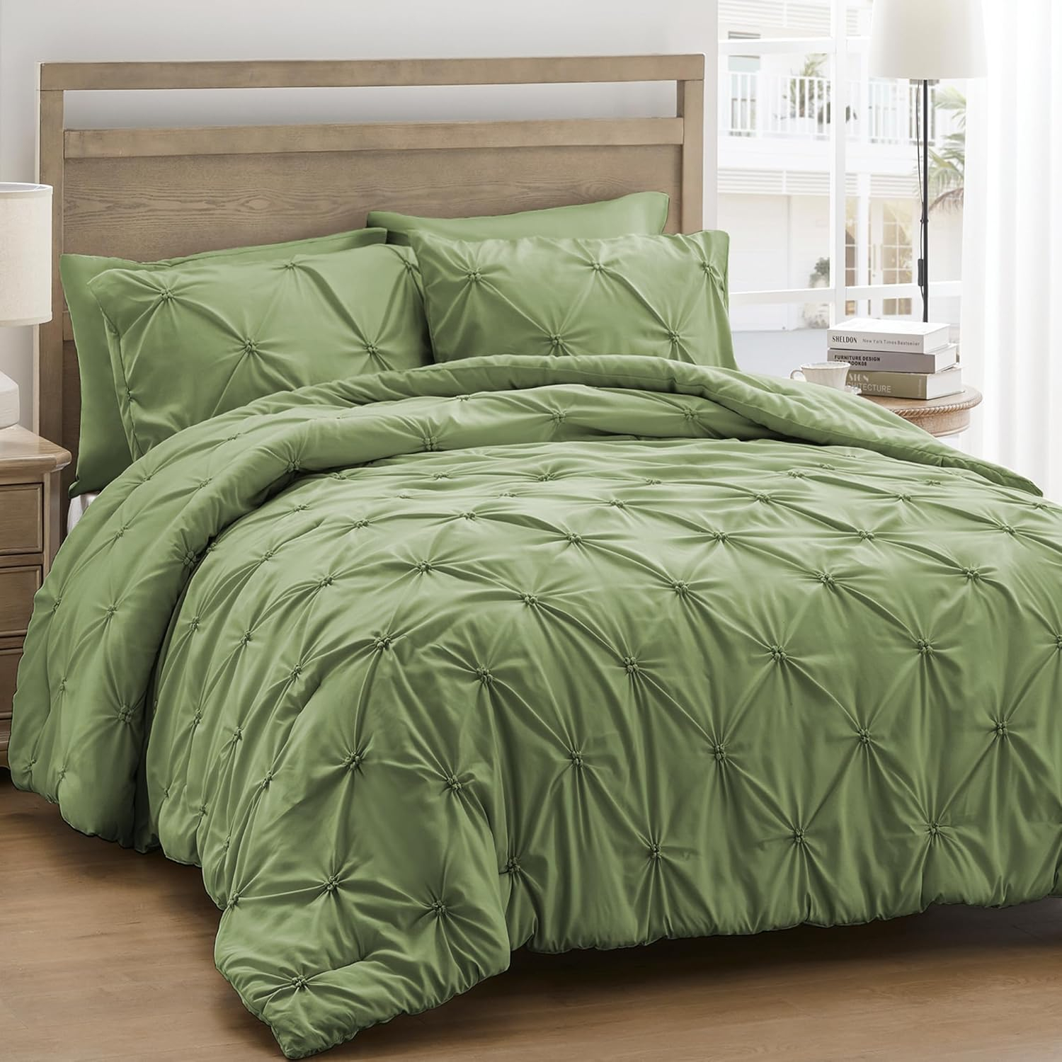 Peace Nest 3-Piece All Season Pinch Pleated Comforter Set, Olive, King