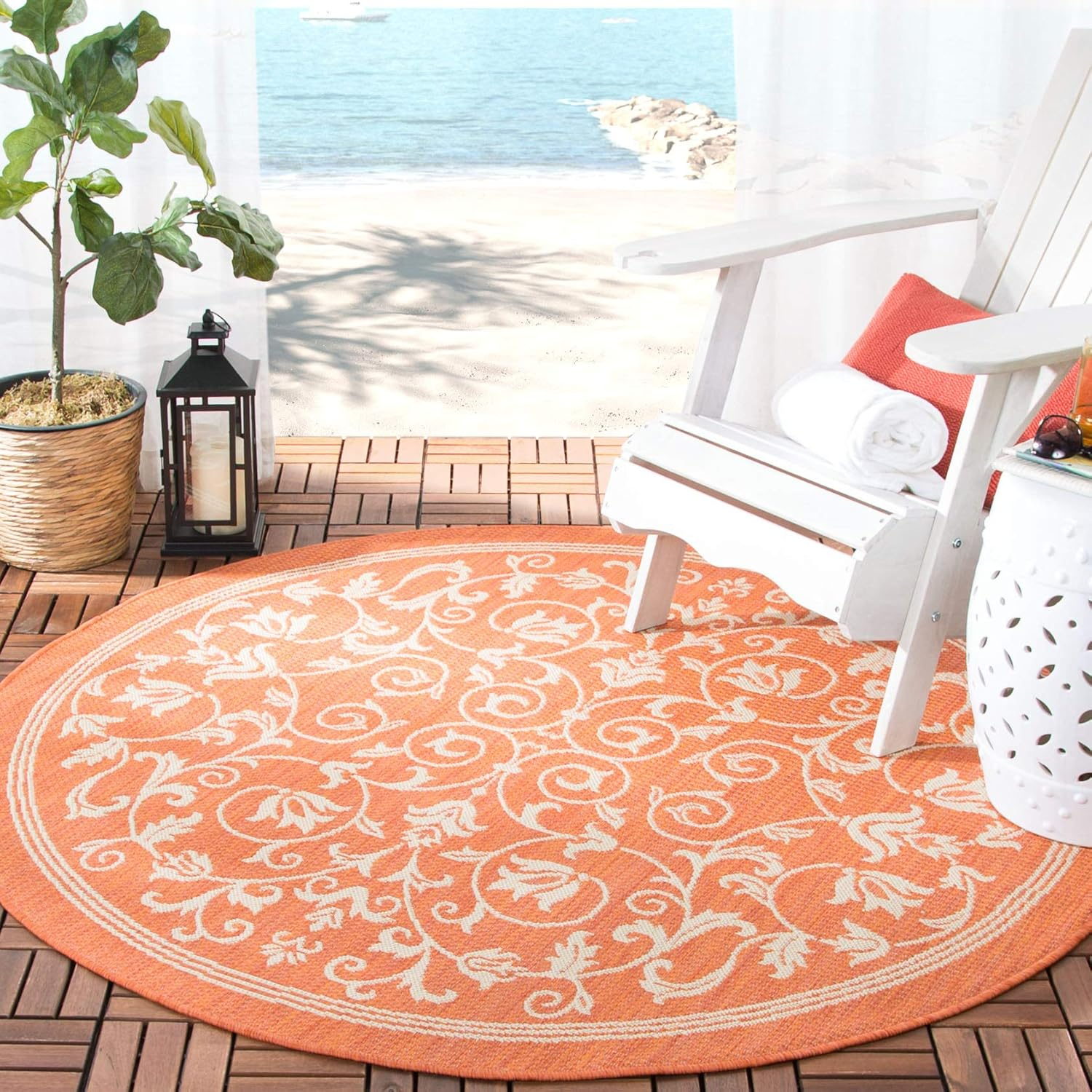 SAFAVIEH Courtyard Nanda Floral Indoor/Outdoor Area Rug, 7'10" x 7'10" Round, Terracotta/Natural