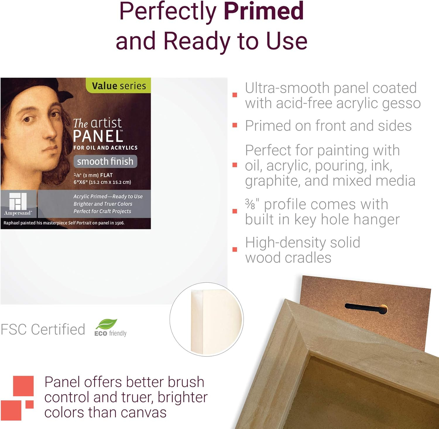 Ampersand Art Artist Panel, Primed Smooth, Uncradled, 1/8" Profile, 8" x 10"