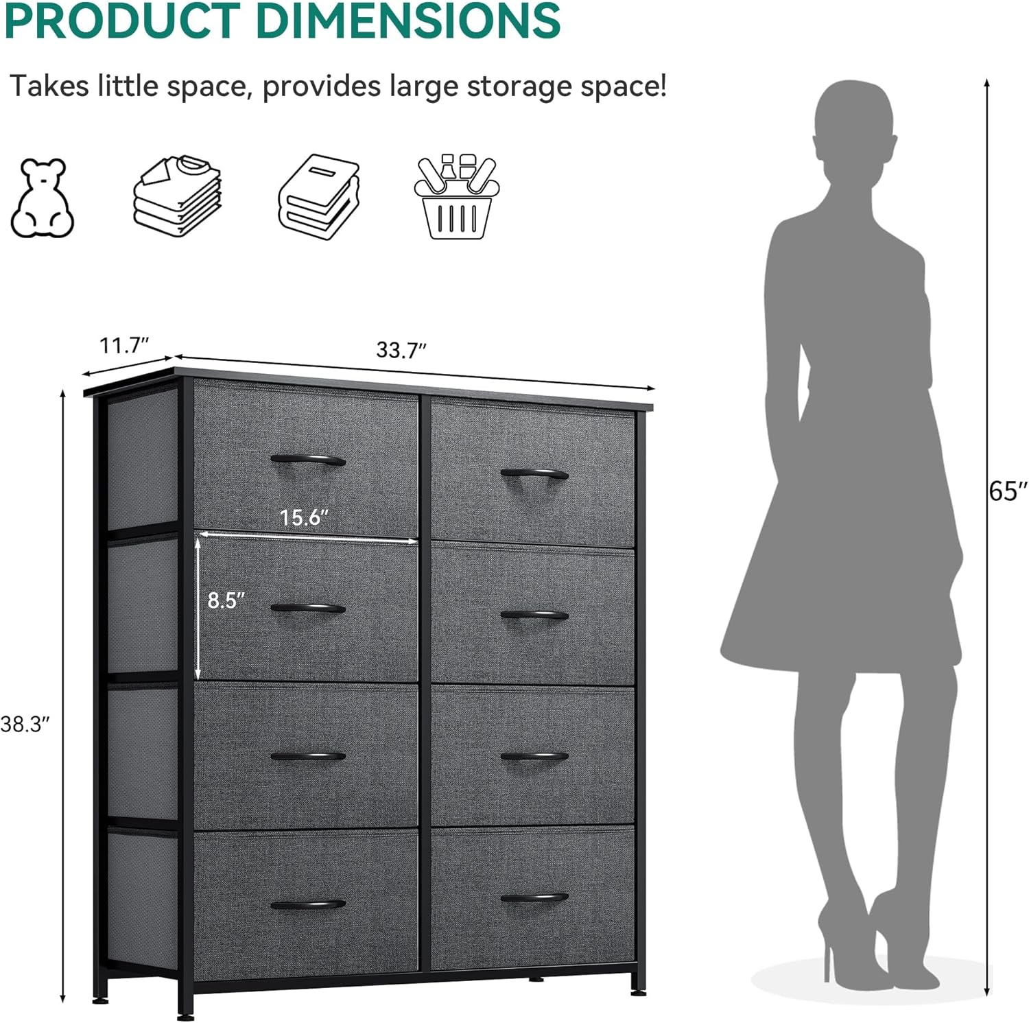 DWVO Dresser for Bedroom, Fabric Dresser with 8 Drawers, Tall Dresser, Chest of Drawers for Closet, Living Room
