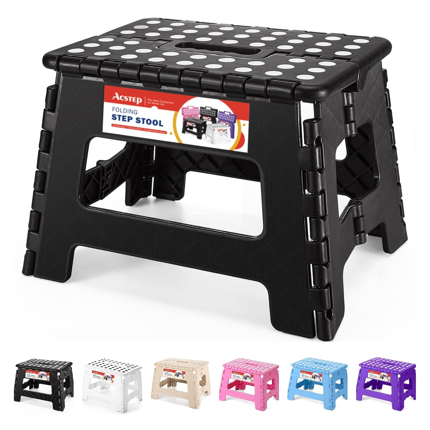 ACSTEP Folding Step Stool 9'' Tall Kids Step Stool Plastic Step Stools with Non-Slip Surface - Black