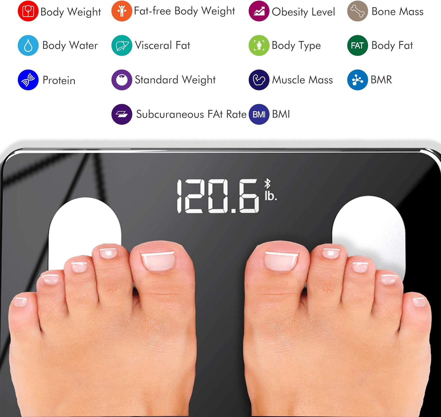 KONQUEST Smart Scale for Body Weight, Digital Bathroom Scale BMI Weighing Bluetooth Body Fat Scale, Body Composition Monitor Health Analyzer with Smartphone App, 400 lbs - Black