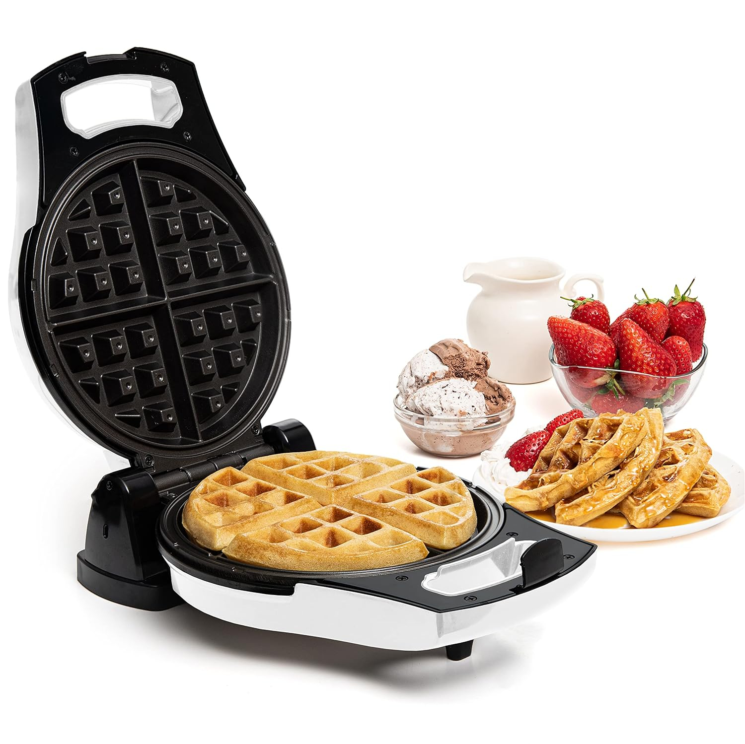 Moss & Stone White Belgian Waffle Maker, Electric Waffle Machine, Non-Stick Grids, Temperature Control, Round Waffle