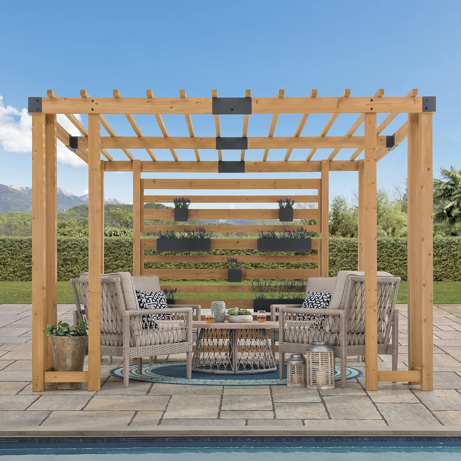 Sunjoy Cedar Pergola 10 x 11 ft. Wooden Hot Tub Pergola with Adjustable Canopy and Privacy Screen
