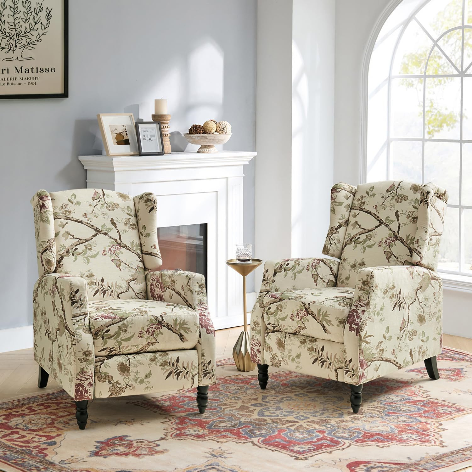 Fabric Wingback Manual Recliner Set of 2 Traditional Push Back Upholstered Armchair Sofa Home Theater Living Room Bird