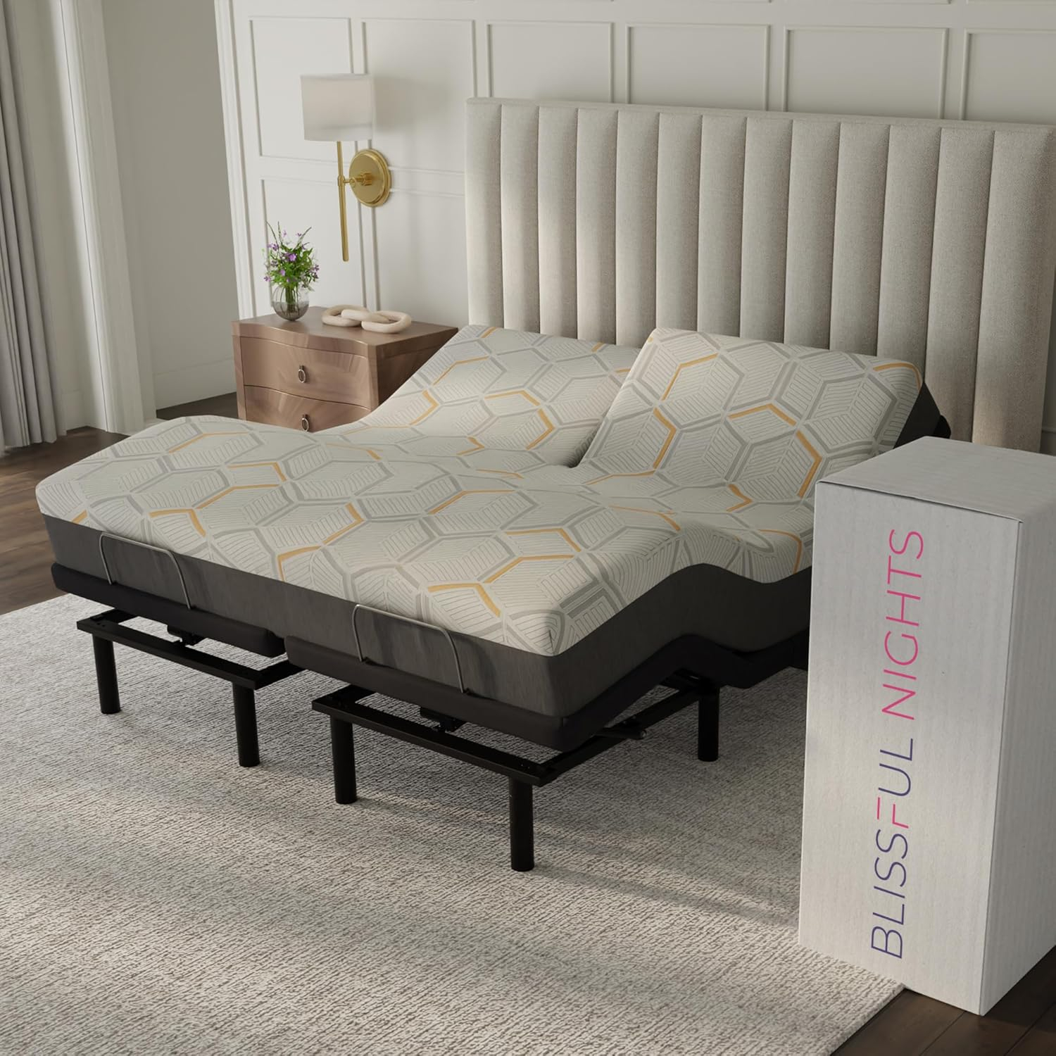 Blissful Nights - e4 Split Head Flex Top King Size Adjustable Bed Frame Set with 12" Copper Gel Infused Memory Foam Mattress Medium Firm, 120-Night Trial