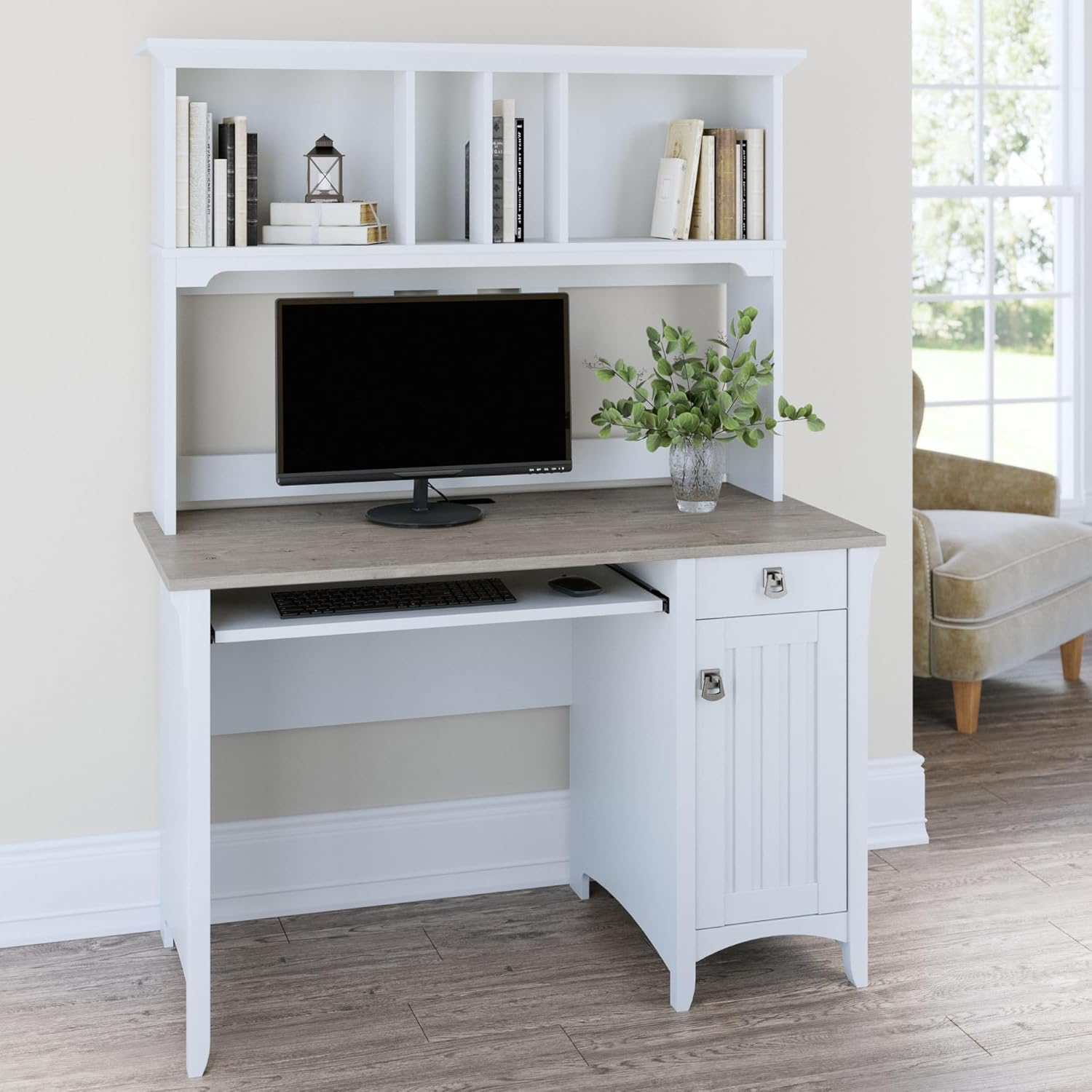 Bush Furniture Salinas 48” Computer Desk & Hutch with Storage, Shiplap Gray & White