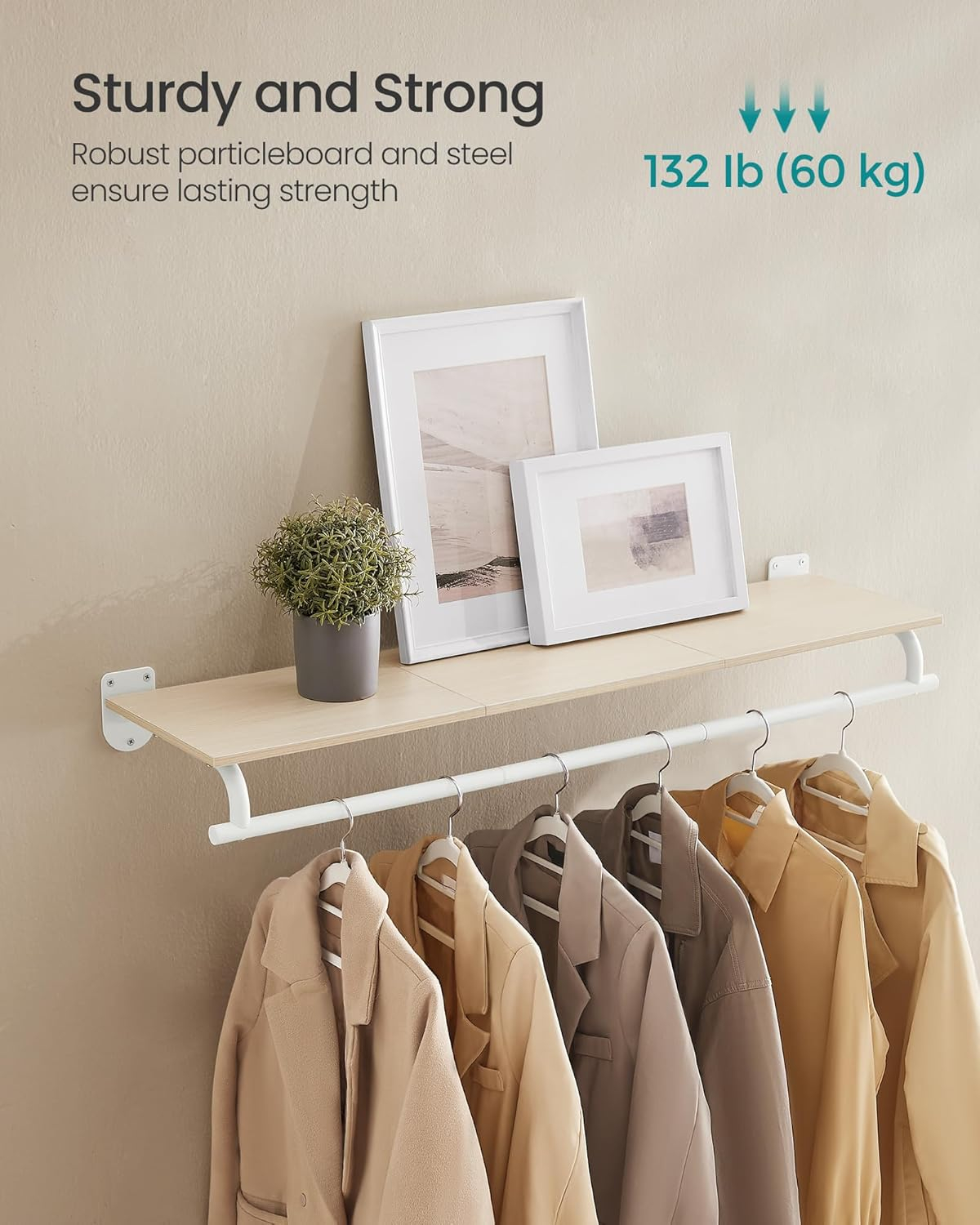 SONGMICS Clothes Rack with Top Shelf, Wall Mounted Clothing Rack, with Hanging Rod, Loads up to 77 lb, 11 x 42.9 x 5.2 Inches, Entryway, Bedroom, Closet, Natural Beige and Cloud White UHSR135W01