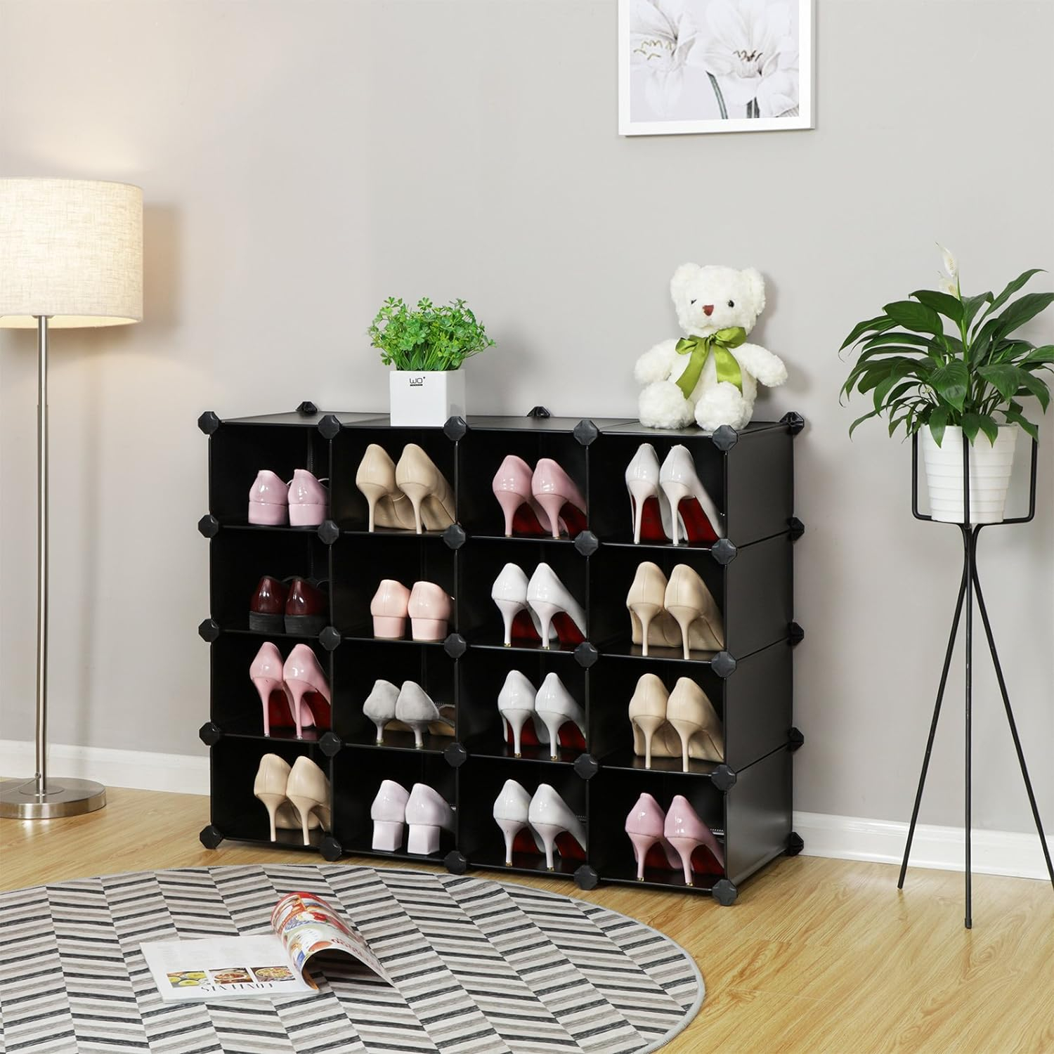 SONGMICS Shoe Rack, Space-Saving 15-Slot Plastic Shoe Storage Organizer Unit, Shoe Cabinet, Ideal for Entryway Hallway Closet Garage, 11.8 x 43.8 x 33.9 Inches, Black ULPC44H
