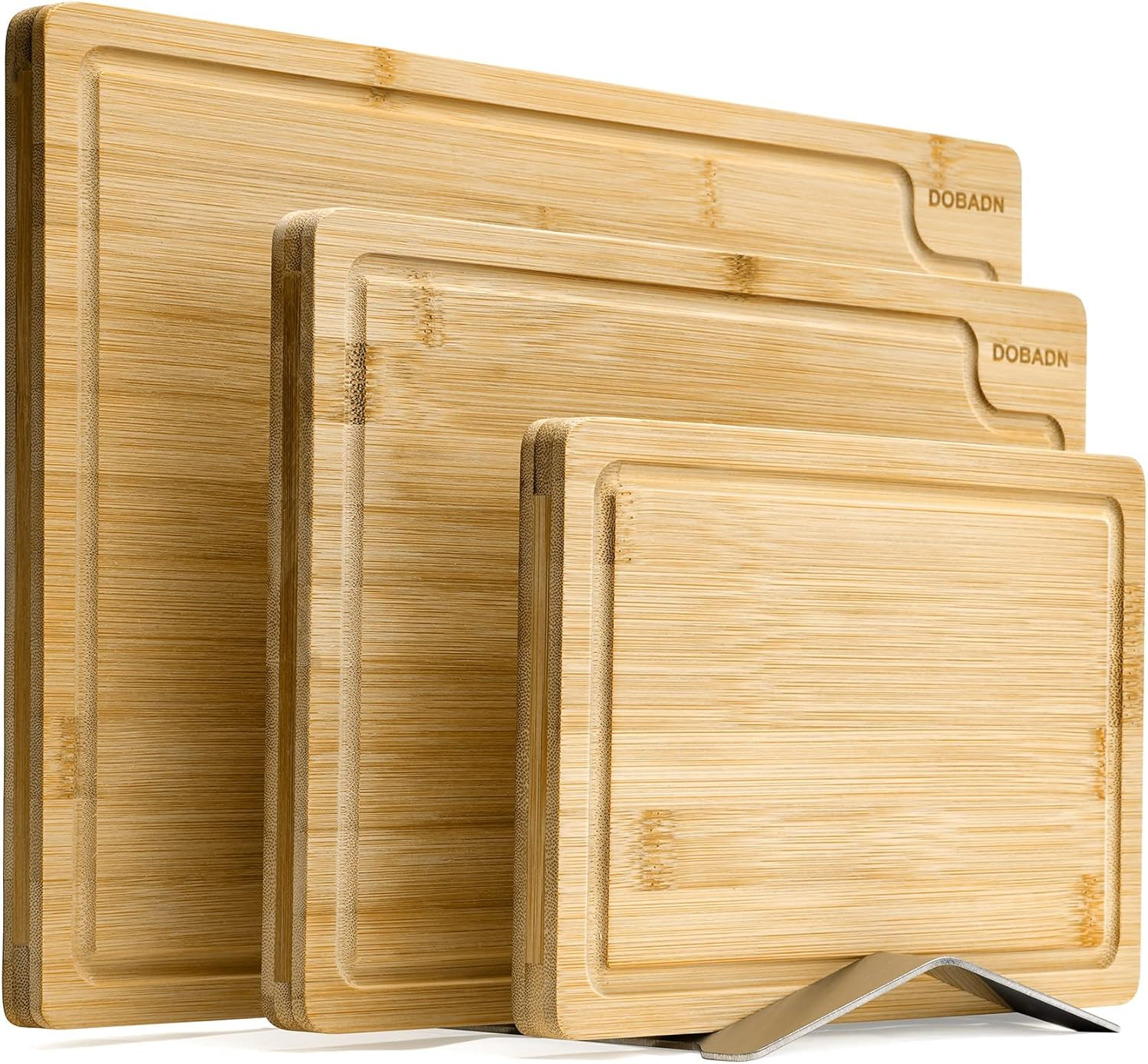 Bamboo Cutting Board Set for Kitchen,Set of 3 Chopping Boards with Juice Groove, Natural Wood Cutting Boards with Stainless Steel Holder, Cutting Board Set for Butcher Block, Cheese, Vegetables