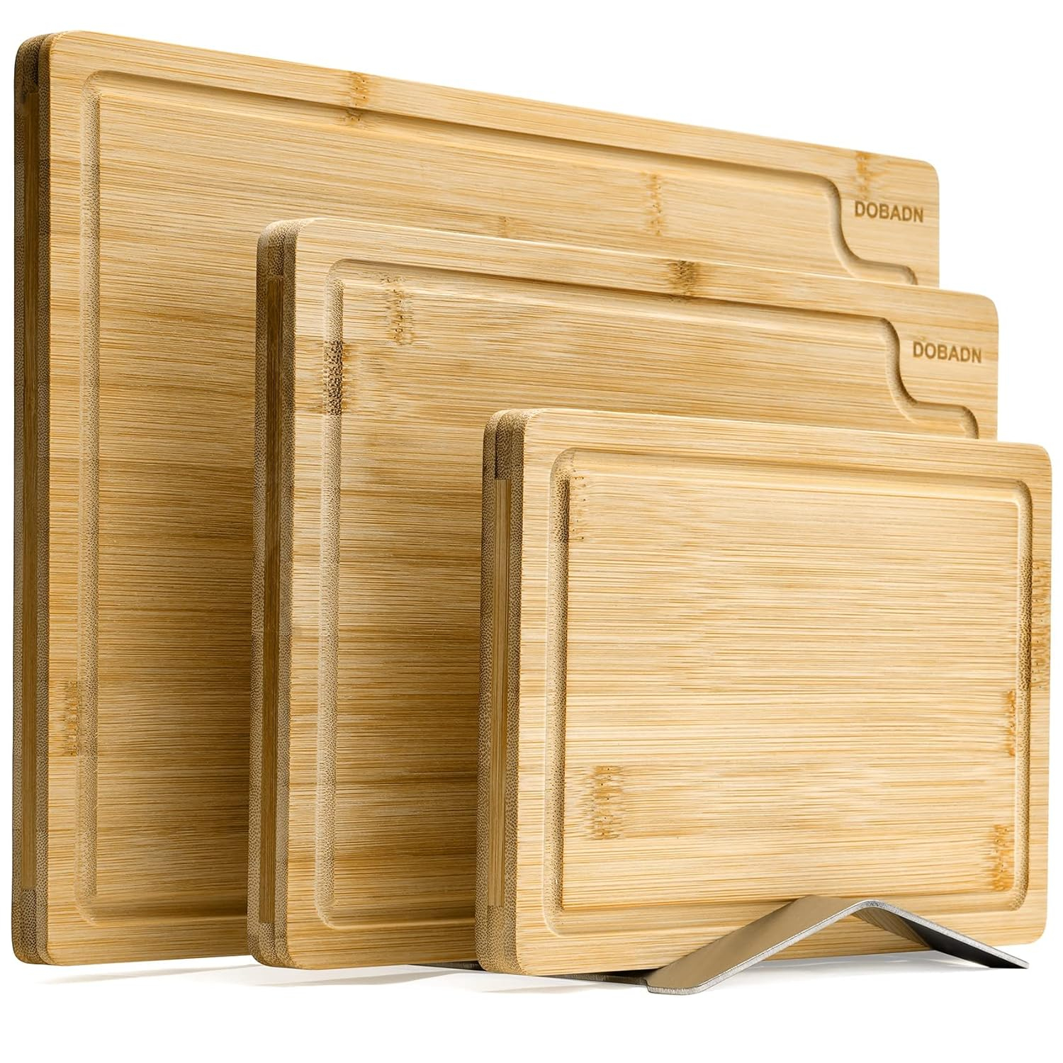 Bamboo Cutting Board Set for Kitchen,Set of 3 Chopping Boards with Juice Groove, Natural Wood Cutting Boards with Stainless Steel Holder, Cutting Board Set for Butcher Block, Cheese, Vegetables