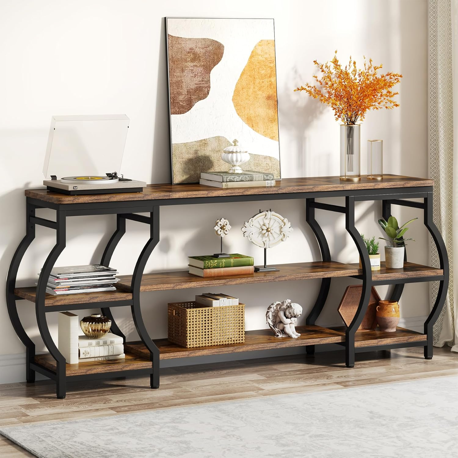 63'' Rustic Wood and Metal 3-Tier Console Table with Storage Shelves
