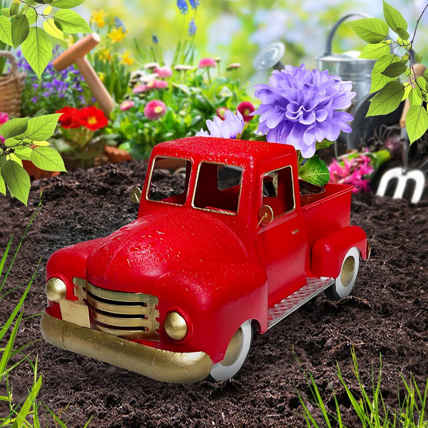 Vintage Red Metal Truck Sculpture with Gold Accents