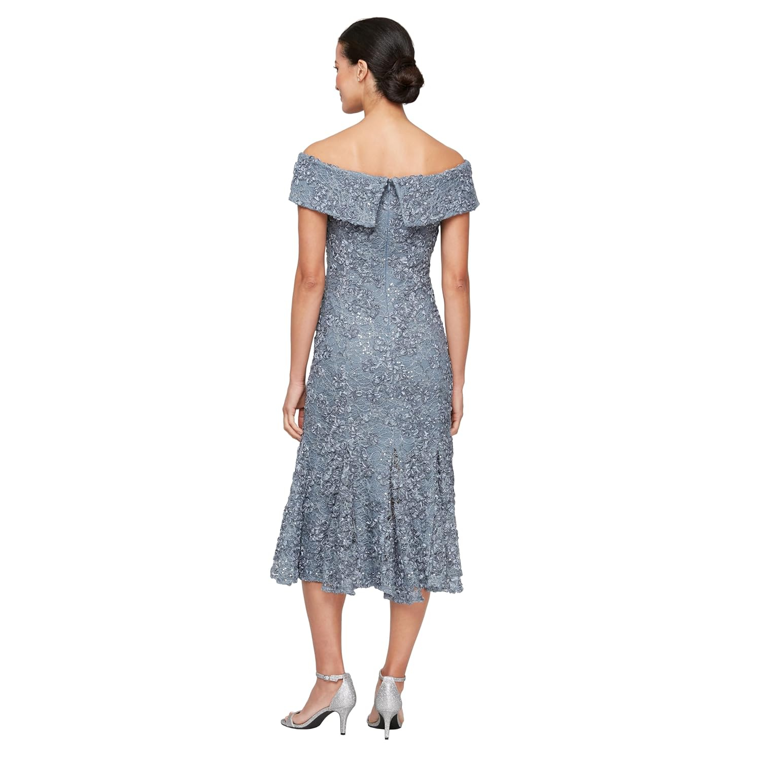 Pewter Lace Off the Shoulder Fit and Flare Midi Dress