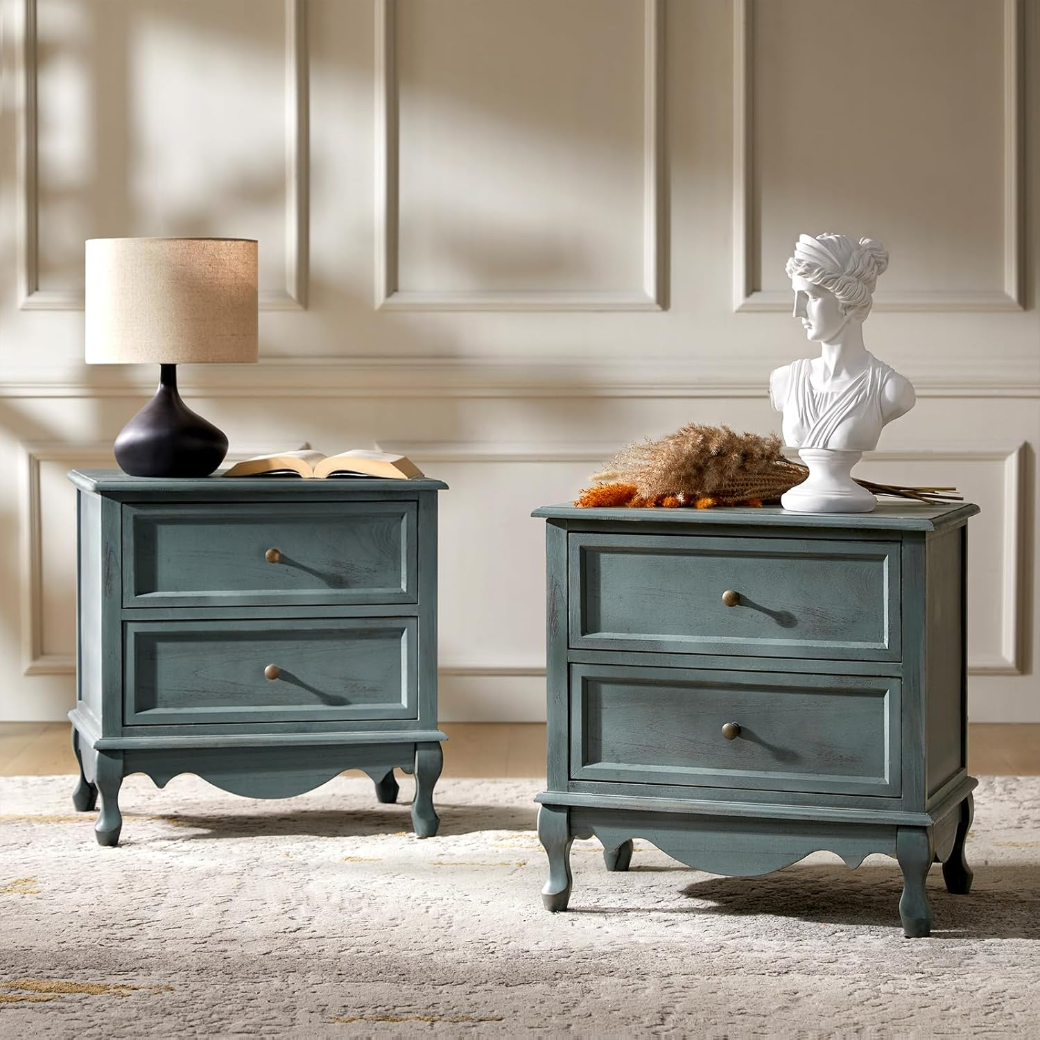 Blue Solid Wood 2-Drawer Nightstands with Metal Handles