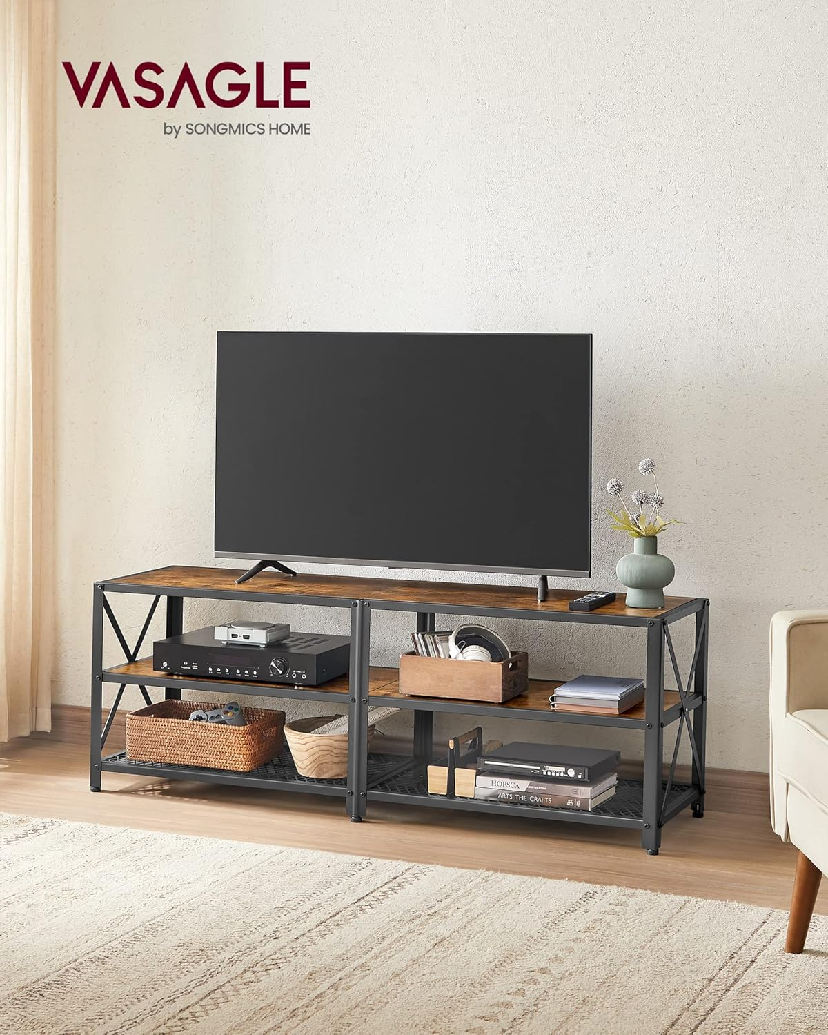 VASAGLE TV Stand for TV up to 60 Inches, Steel Frame, Rustic Brown and Black