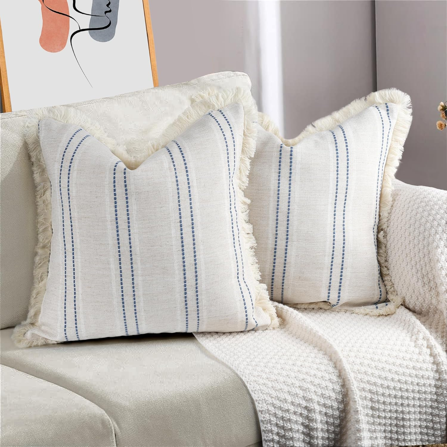 AELS 20x20 Decorative Farmhouse Linen Throw Pillow Covers with Fringe,Boho Textured Pillow Case,Set of 2,Beige with White & Navy Blue Stitch Yarn Dyed Stripe Cushion Cover for Sofa Couch (Cover ONLY)