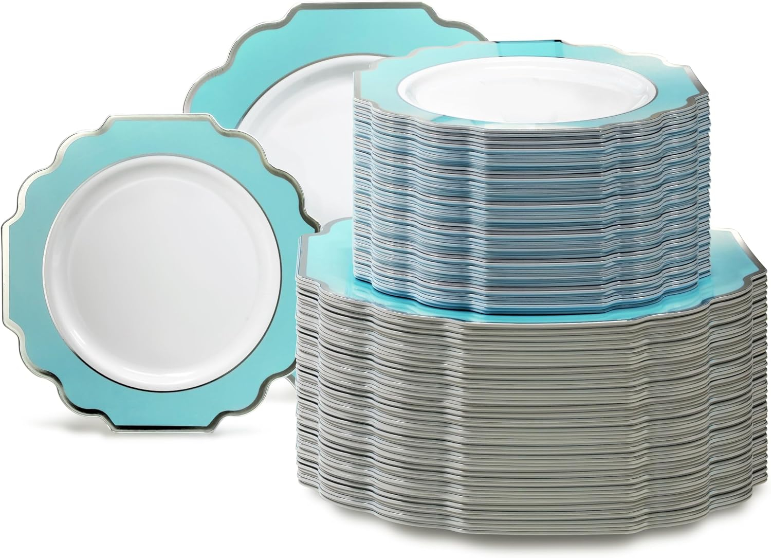 " OCCASIONS " 240 Plates Pack (120 Guests) Heavyweight Wedding Party Disposable Plastic Plates-120x10.5'' Dinner + 120x8'' Appetizer Plate (Imperial Aqua & Silver)