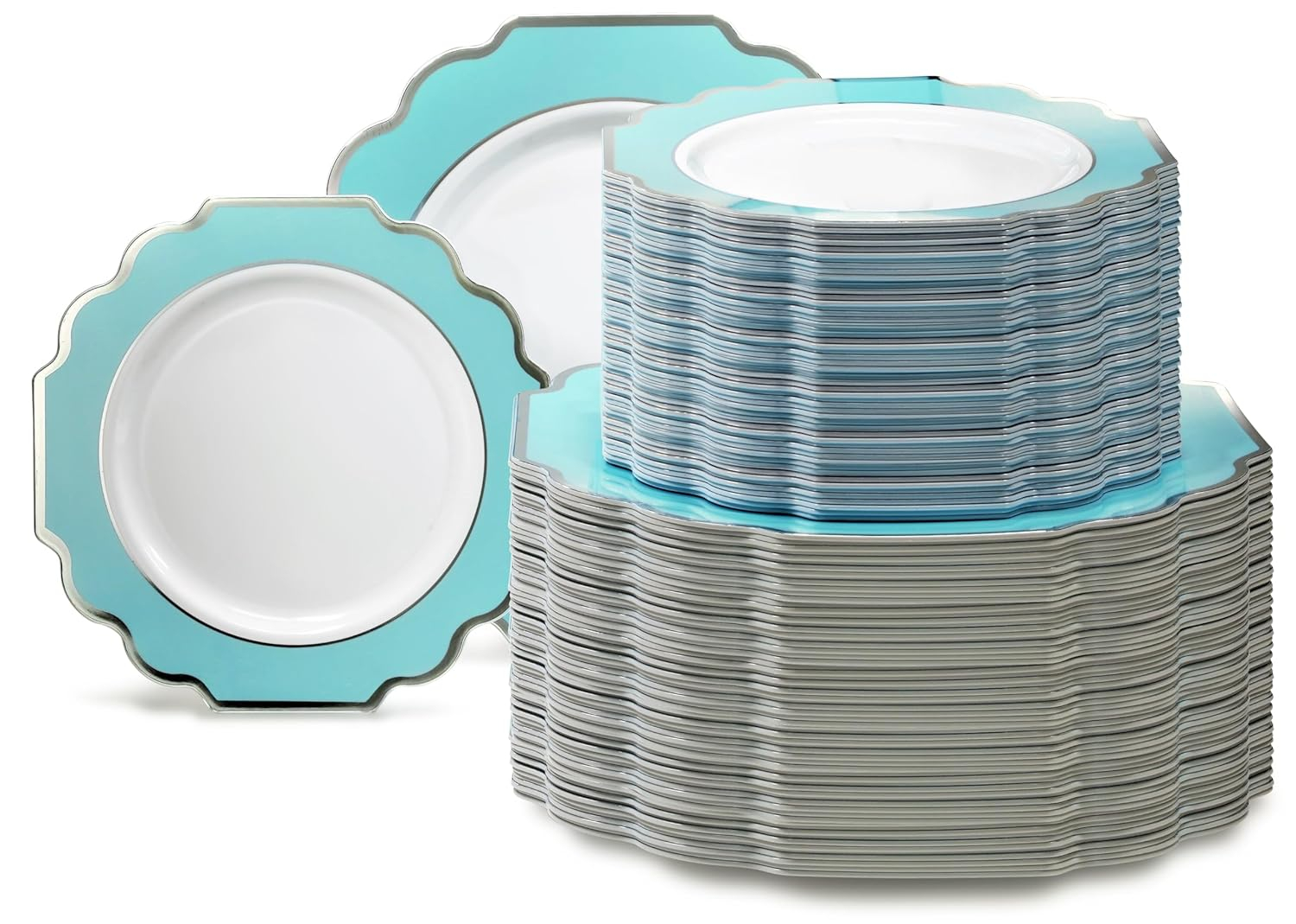 " OCCASIONS " 240 Plates Pack (120 Guests) Heavyweight Wedding Party Disposable Plastic Plates-120x10.5'' Dinner + 120x8'' Appetizer Plate (Imperial Aqua & Silver)