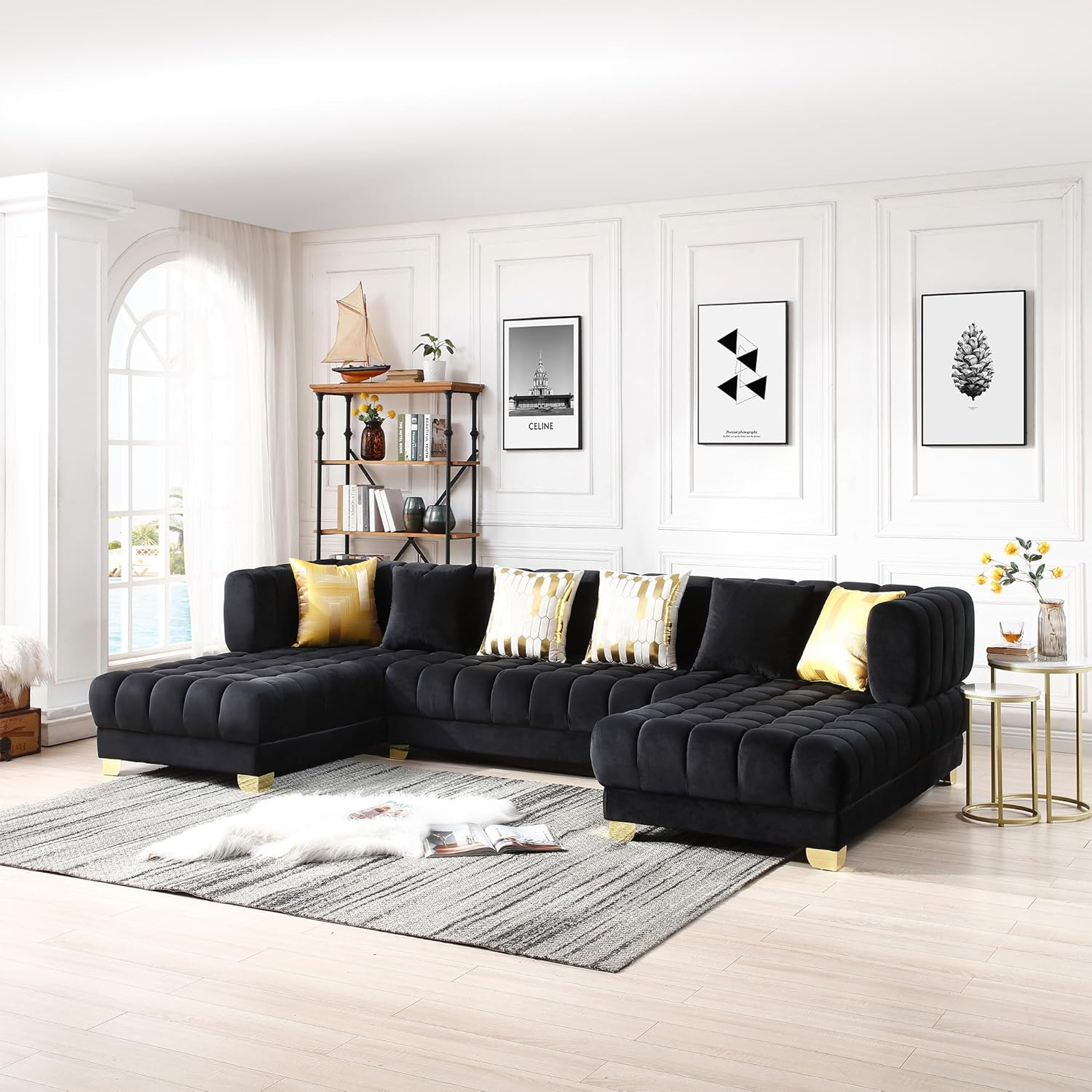 Better Home Products Marigold U-Shaped Velvet Sectional Sofa in Black