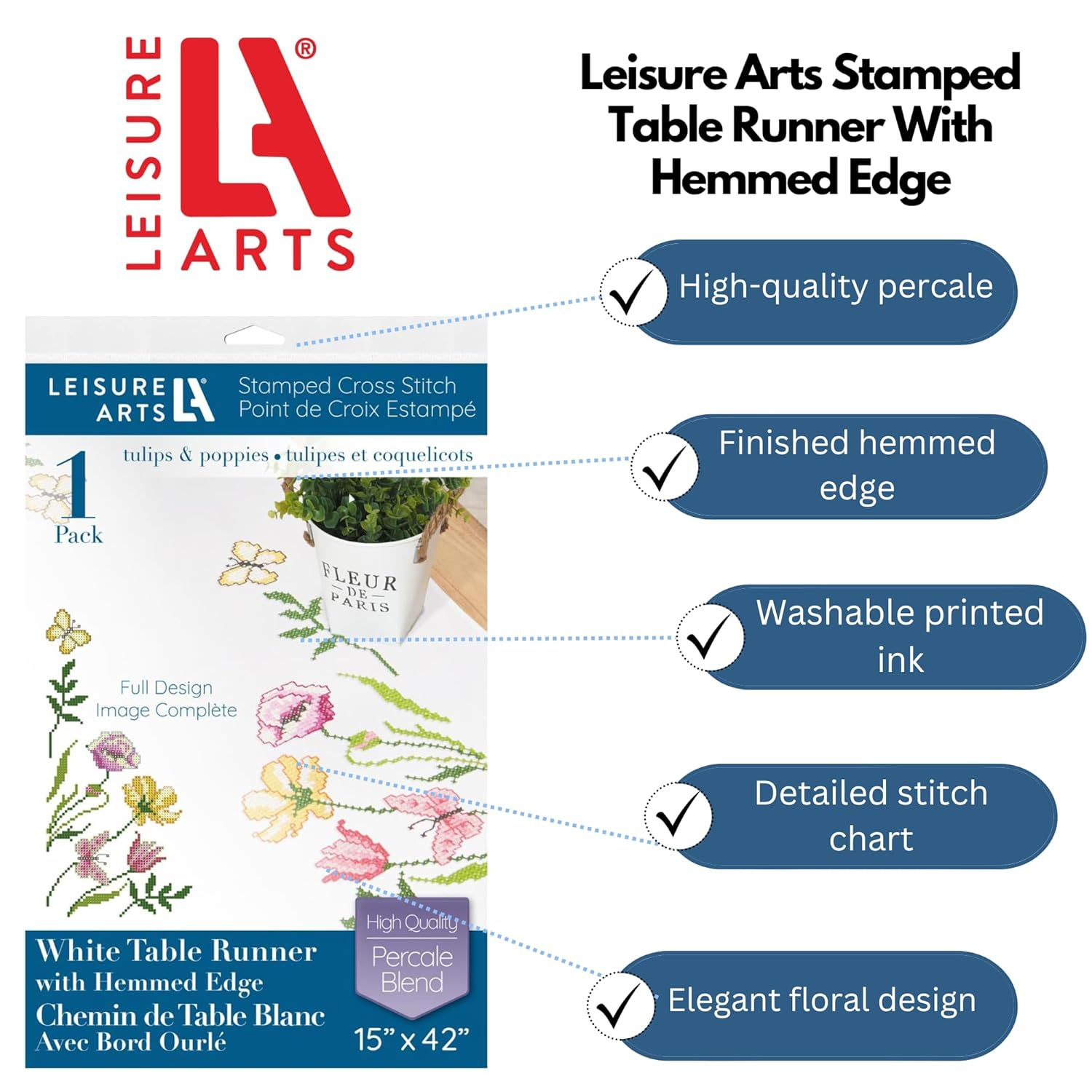 Leisure Arts Table Runner 15"X42" Tulips & Poppies, Kitchen Table Runner, Embroidery Kit, Kitchen Runner, Cross Stitch Kits For Beginners, Embroidery Patterns, Fabric